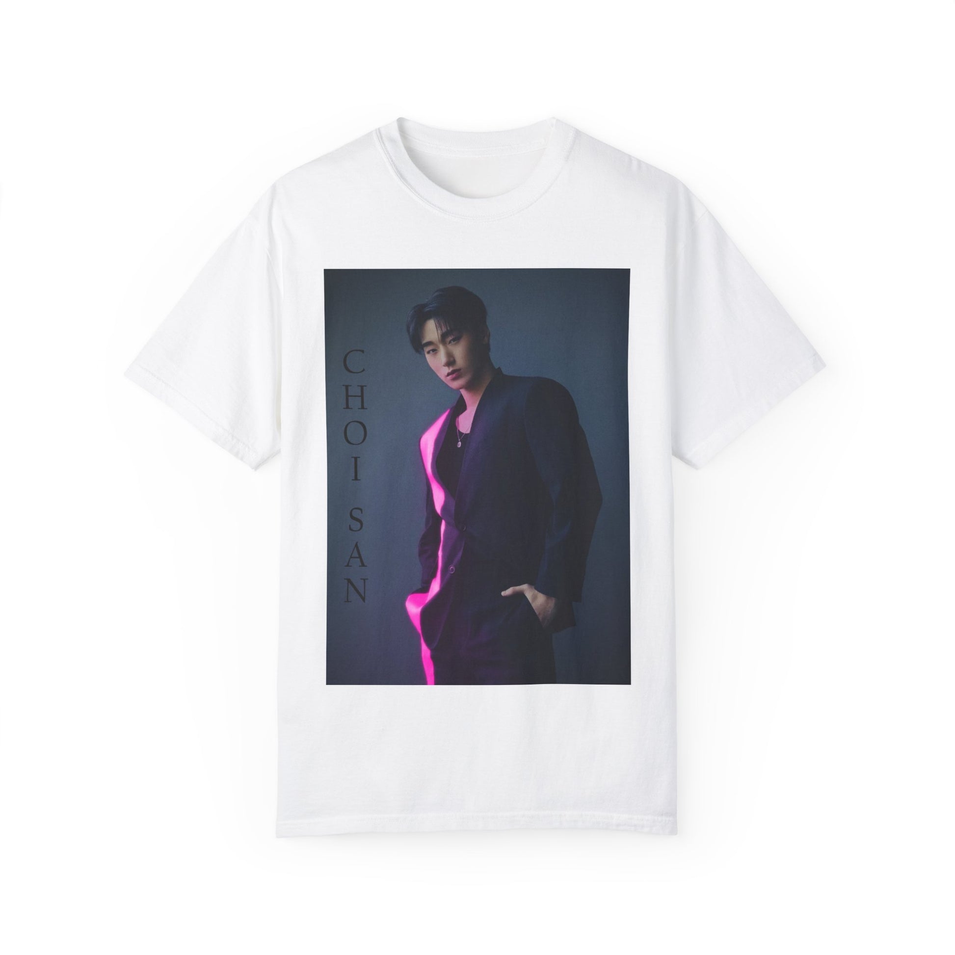 Flat Choi San ATEEZ unisex T-shirt in white, featuring a striking neon pink line cutting through his sleek suit, set against cinematic shadows for a bold contrast. This high-impact design captures San’s poised presence and effortless charisma, printed on soft, breathable Airlume cotton for style and comfort. ModeK Vetements.