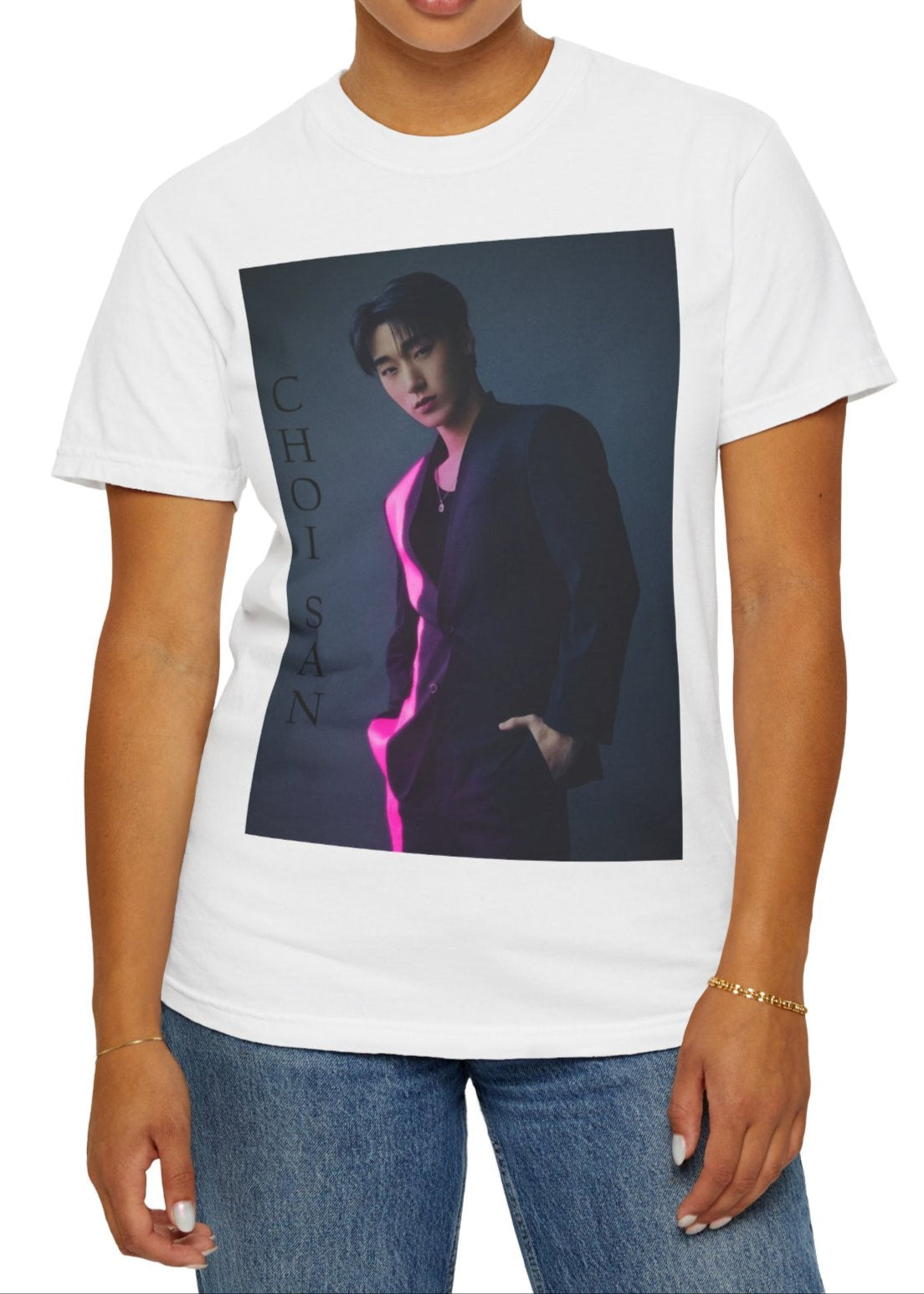 Choi San ATEEZ unisex T-shirt in white, featuring a striking neon pink line cutting through his sleek suit, set against cinematic shadows for a bold contrast. This high-impact design captures San’s poised presence and effortless charisma, printed on soft, breathable Airlume cotton for style and comfort. ModeK Vetements.