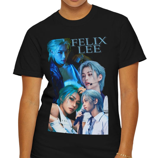 Felix Lee SKZ unisex T-shirt in black, with collage-style portraits in deep blue tones. K-pop graphic tee made from soft, garment-dyed cotton. ModeK Vetements. 