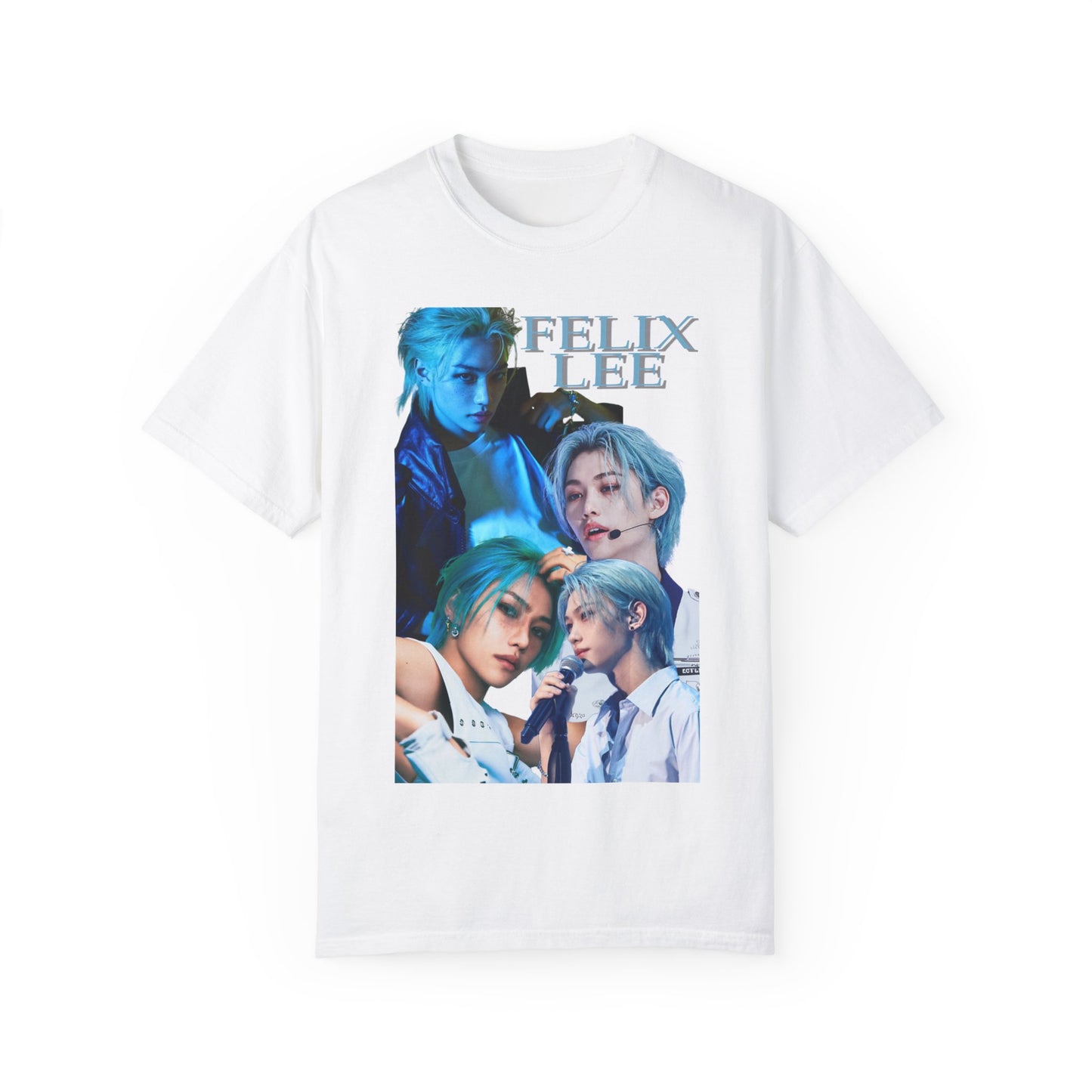 Flat Felix Lee SKZ unisex T-shirt in white, with collage-style portraits in deep blue tones. K-pop graphic tee made from soft, garment-dyed cotton. ModeK Vetements. 