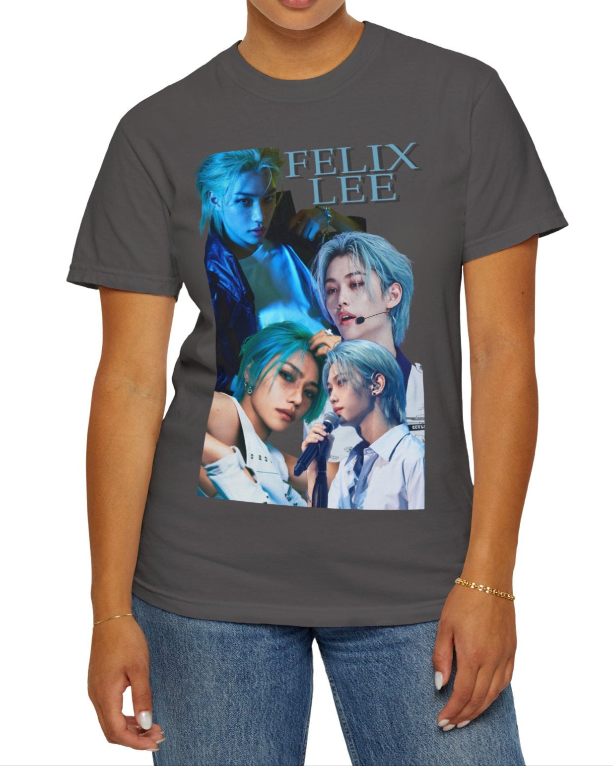 Felix Lee SKZ unisex T-shirt in graphite, with collage-style portraits in deep blue tones. K-pop graphic tee made from soft, garment-dyed cotton. ModeK Vetements. 