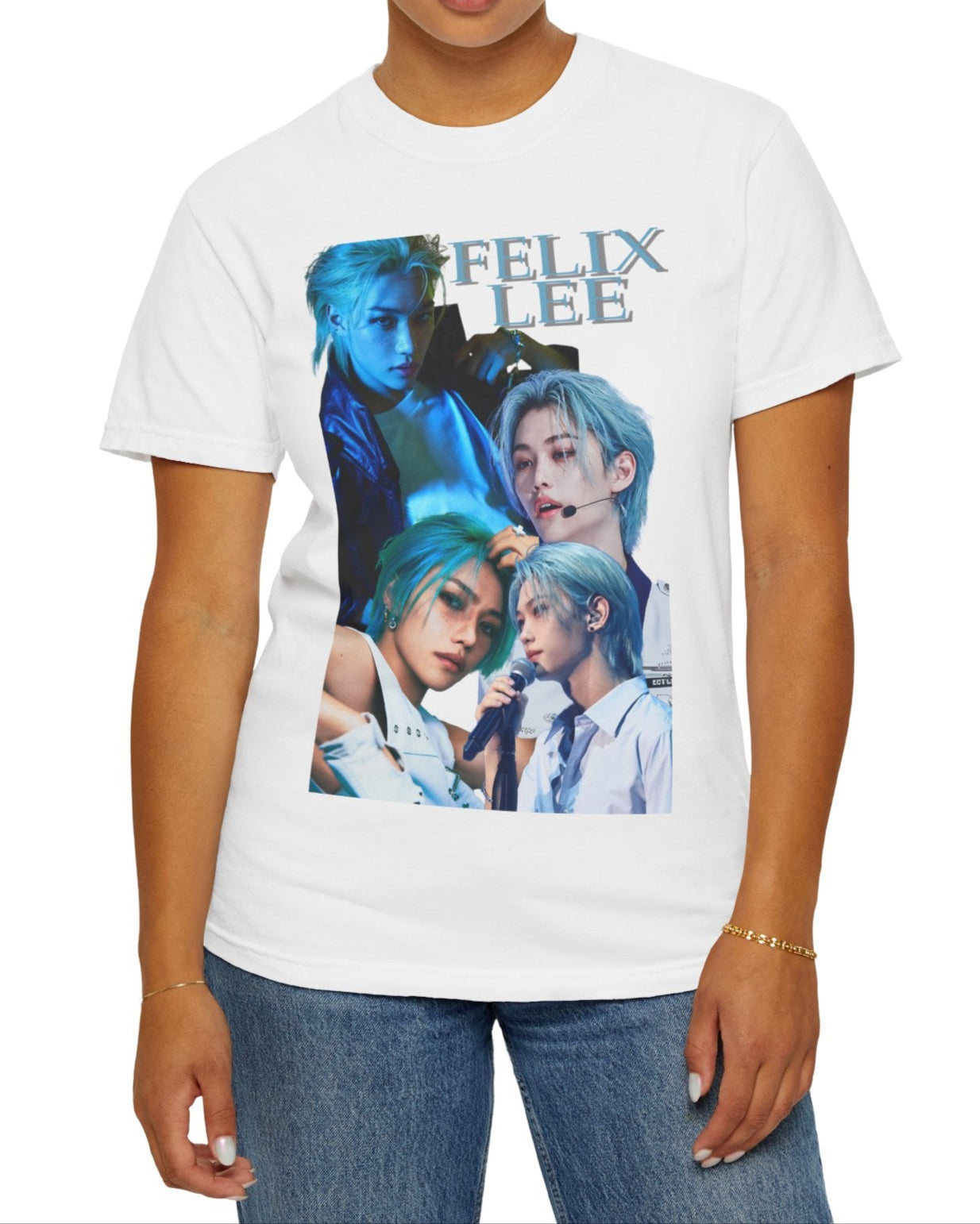 Felix Lee SKZ unisex T-shirt in white, with collage-style portraits in deep blue tones. K-pop graphic tee made from soft, garment-dyed cotton. ModeK Vetements. 