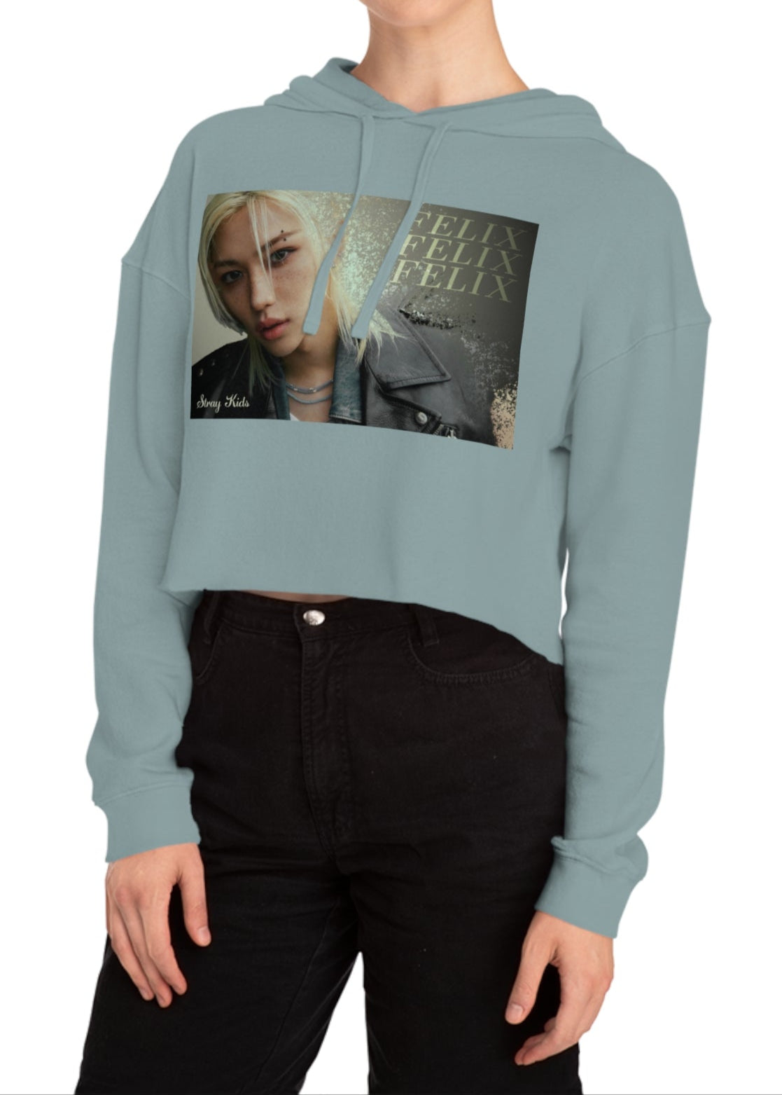 Felix Lee Stray Kids Unisex Cropped Hoodie in sage, featuring a soft gold gradient background, intense gaze, and sleek leather jacket. The dust-like texture and Felix typography add an ethereal, charismatic touch. Made from a soft cotton blend with a relaxed cropped fit for comfort and style. From ModeKVetements.