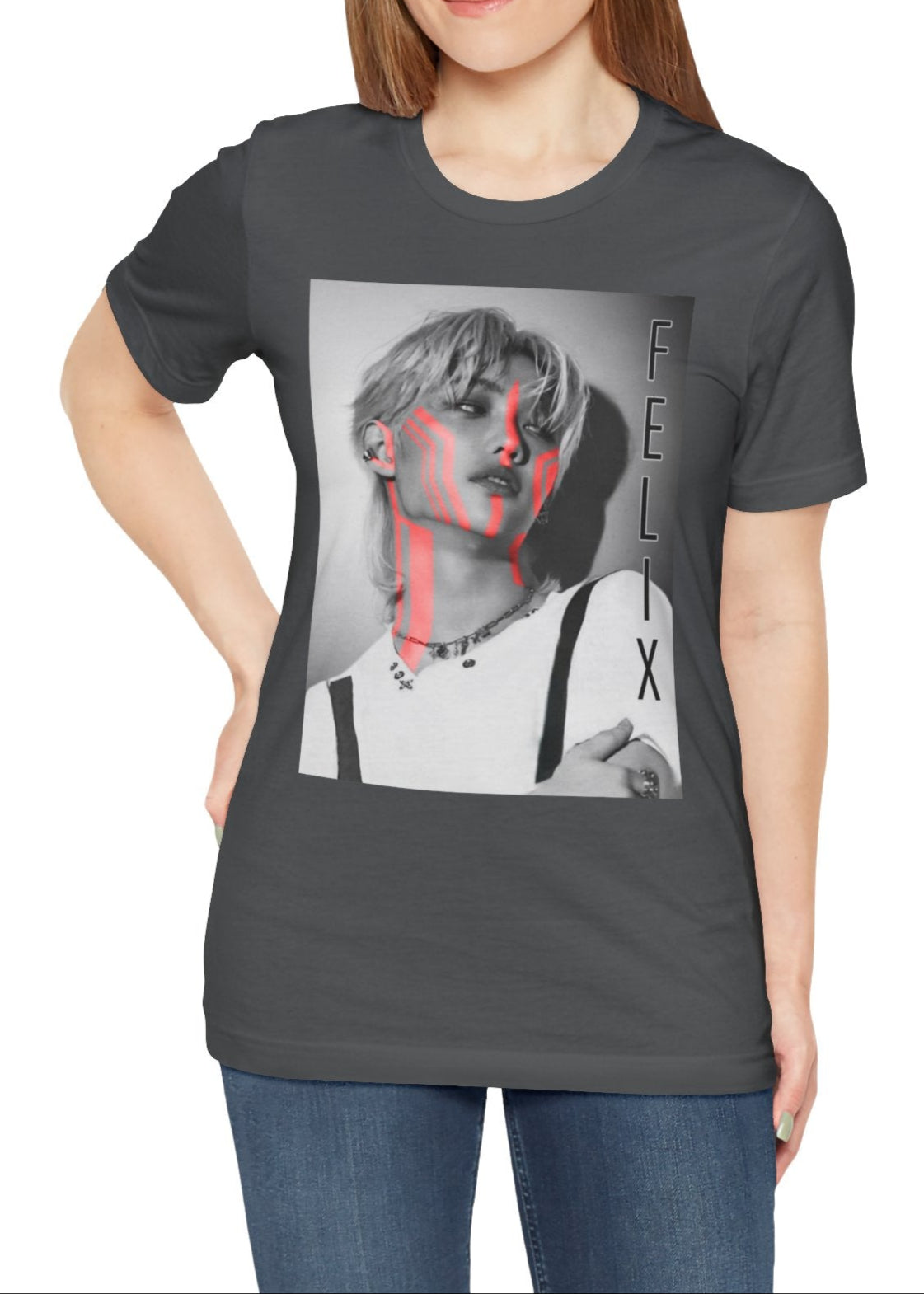 Felix Lee Stray Kids unisex T-shirt in asphalt, featuring a monochrome portrait with bold neon pink accents. The design contrasts soft grayscale tones with futuristic neon highlights, creating a modern and artistic look. Made from 100% Airlume cotton with a breathable, lightweight fit. From ModeKVetements.