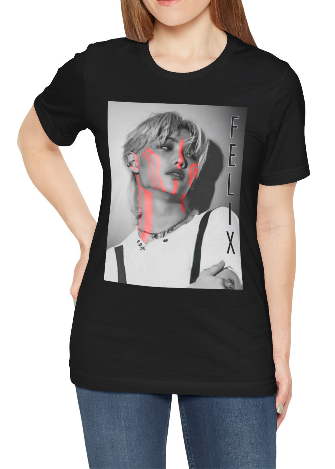 Felix Lee Stray Kids unisex T-shirt in black, featuring a monochrome portrait with bold neon pink accents. The design contrasts soft grayscale tones with futuristic neon highlights, creating a modern and artistic look. Made from 100% Airlume cotton with a breathable, lightweight fit. From ModeKVetements.