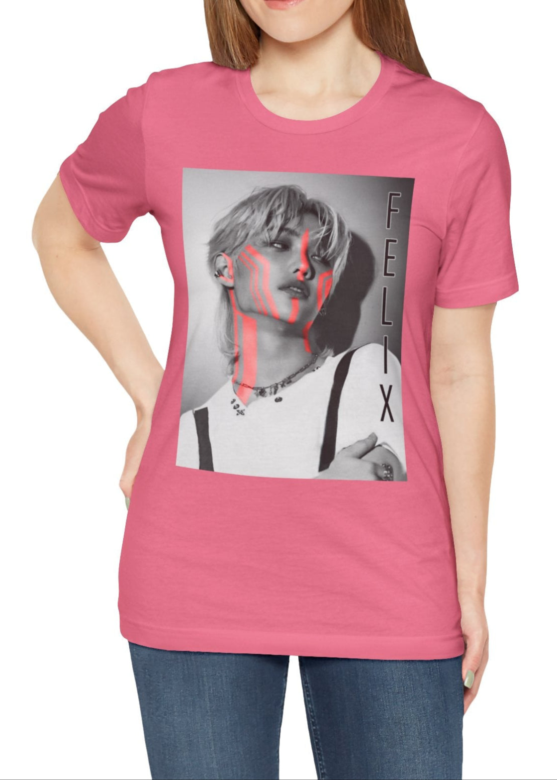 Felix Lee Stray Kids unisex T-shirt in charity pink, featuring a monochrome portrait with bold neon pink accents. The design contrasts soft grayscale tones with futuristic neon highlights, creating a modern and artistic look. Made from 100% Airlume cotton with a breathable, lightweight fit. From ModeKVetements.