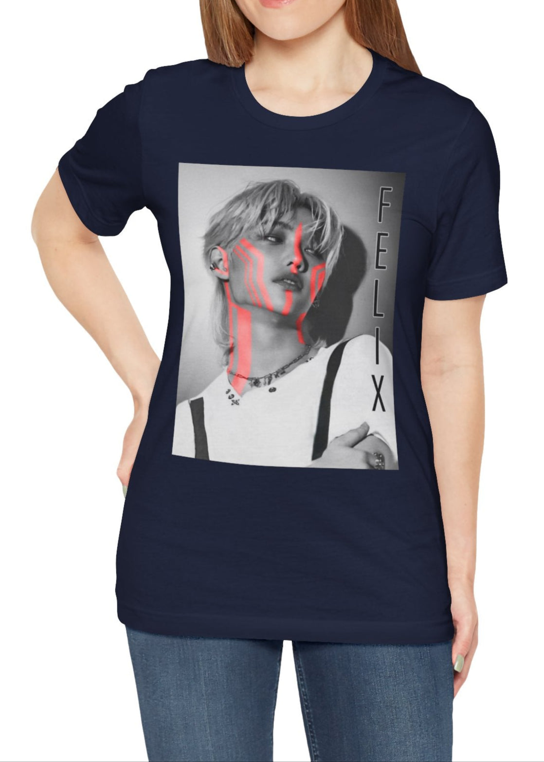 Felix Lee Stray Kids unisex T-shirt in navy, featuring a monochrome portrait with bold neon pink accents. The design contrasts soft grayscale tones with futuristic neon highlights, creating a modern and artistic look. Made from 100% Airlume cotton with a breathable, lightweight fit. From ModeKVetements.