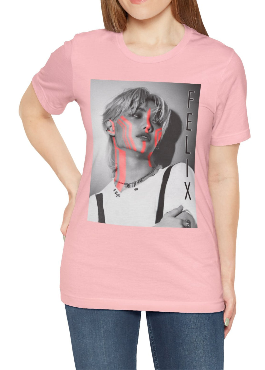 Felix Lee Stray Kids unisex T-shirt in pink, featuring a monochrome portrait with bold neon pink accents. The design contrasts soft grayscale tones with futuristic neon highlights, creating a modern and artistic look. Made from 100% Airlume cotton with a breathable, lightweight fit. From ModeKVetements.