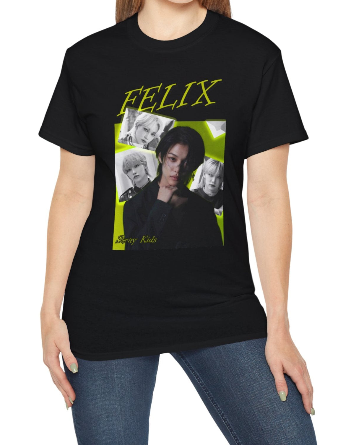 Felix Lee Stray Kids unisex t-shirt in black, featuring a vibrant lime cocktail green background, with a central color portrait of Felix surrounded by black-and-white snapshots with glowing semi-transparent borders and a bold “FELIX” headline in shadowed lettering. From ModeKVetements.