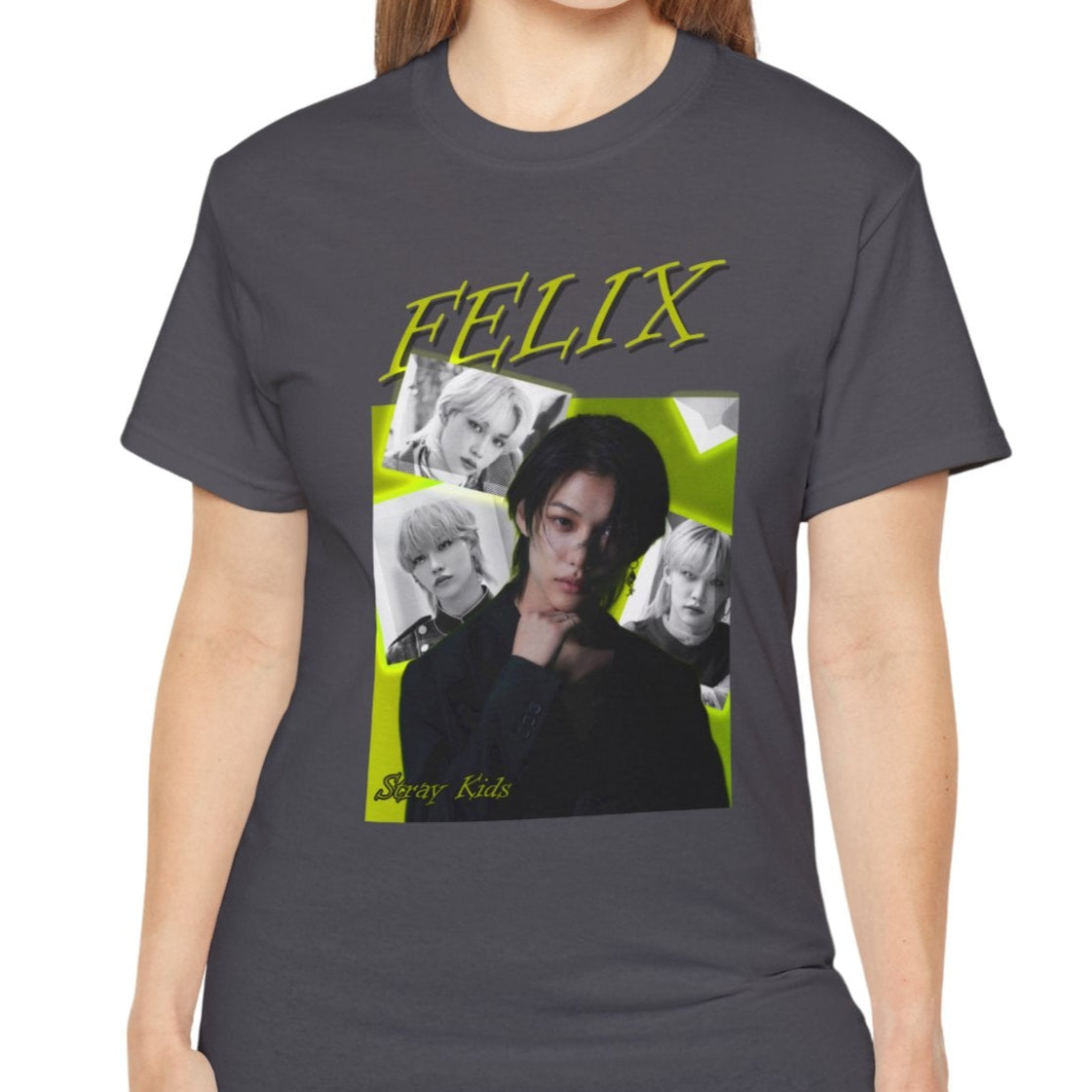 Felix Lee Stray Kids unisex t-shirt in charcoal, featuring a vibrant lime cocktail green background, with a central color portrait of Felix surrounded by black-and-white snapshots with glowing semi-transparent borders and a bold “FELIX” headline in shadowed lettering. From ModeKVetements.