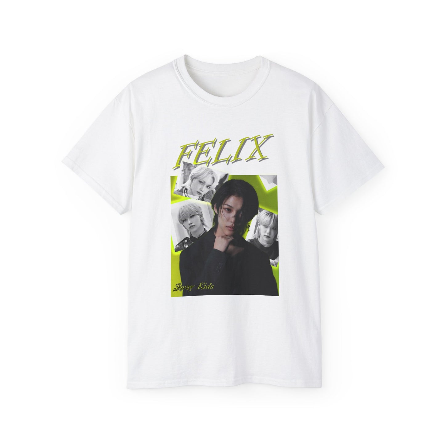 Draped Felix Lee Stray Kids unisex t-shirt in white, featuring a vibrant lime cocktail green background, with a central color portrait of Felix surrounded by black-and-white snapshots with glowing semi-transparent borders and a bold “FELIX” headline in shadowed lettering. From ModeKVetements.