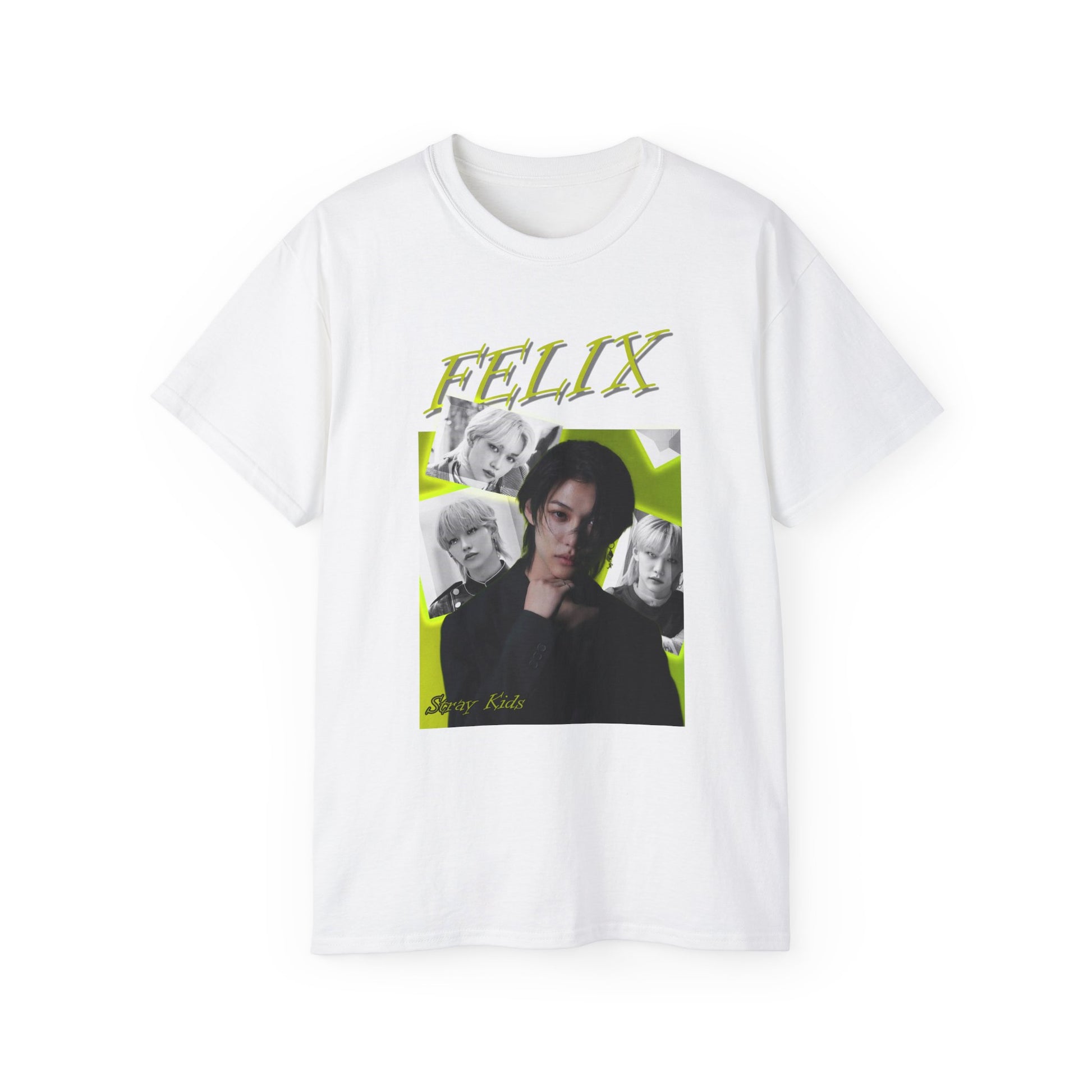 Draped Felix Lee Stray Kids unisex t-shirt in white, featuring a vibrant lime cocktail green background, with a central color portrait of Felix surrounded by black-and-white snapshots with glowing semi-transparent borders and a bold “FELIX” headline in shadowed lettering. From ModeKVetements.