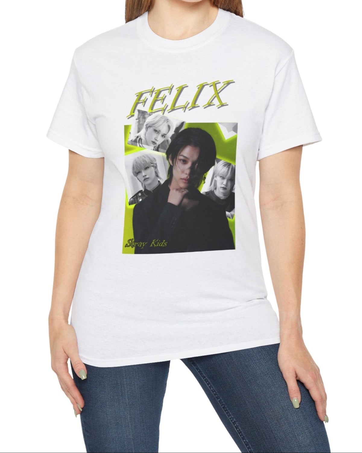 Felix Lee Stray Kids unisex t-shirt in white, featuring a vibrant lime cocktail green background, with a central color portrait of Felix surrounded by black-and-white snapshots with glowing semi-transparent borders and a bold “FELIX” headline in shadowed lettering. From ModeKVetements.