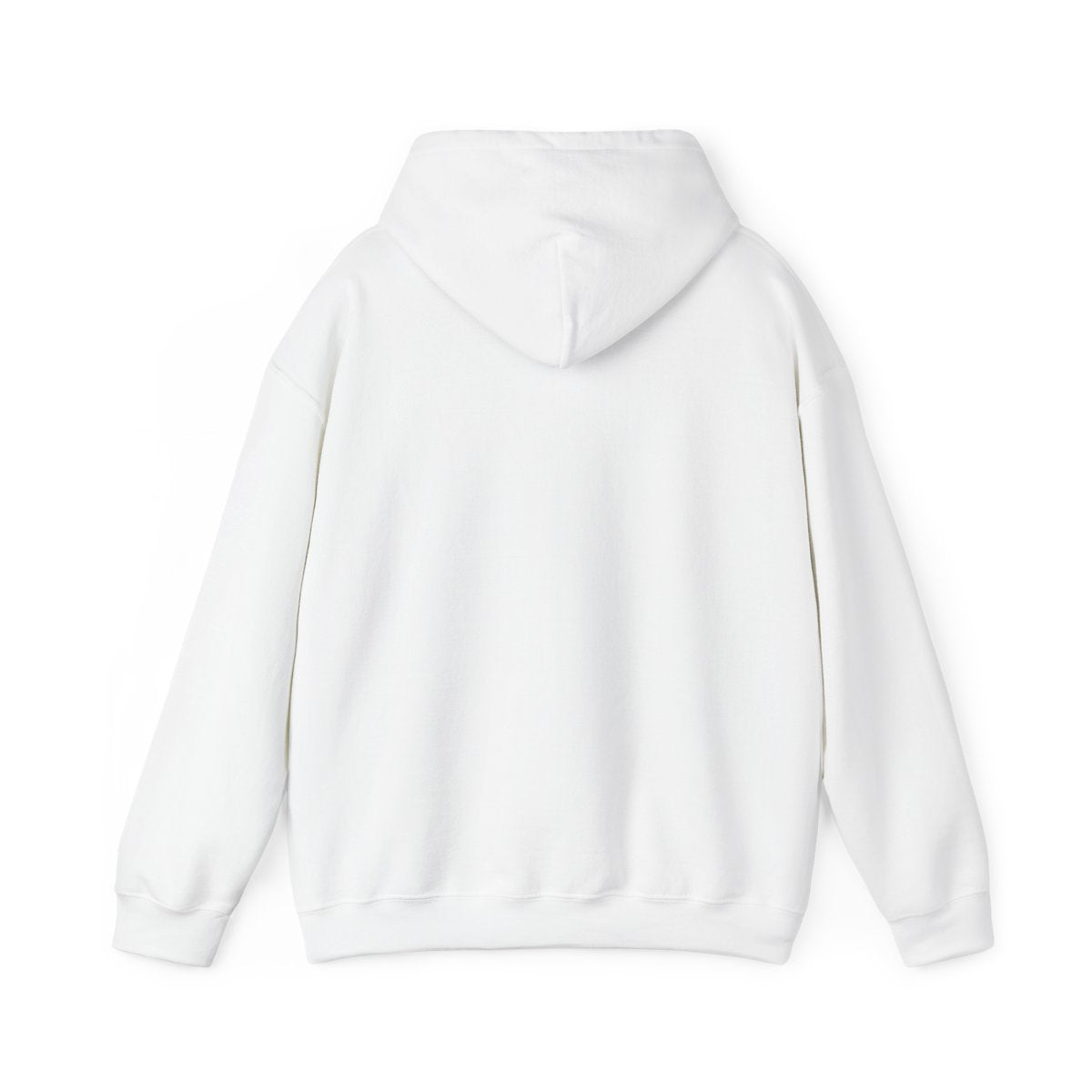 Back of the Unisex cotton-poly blend hoodie in white, featuring a visual print of Felix from Stray Kids, framed by a glowing blue neon triangle amid falling snow on a dark background. From ModeK Vetements.
