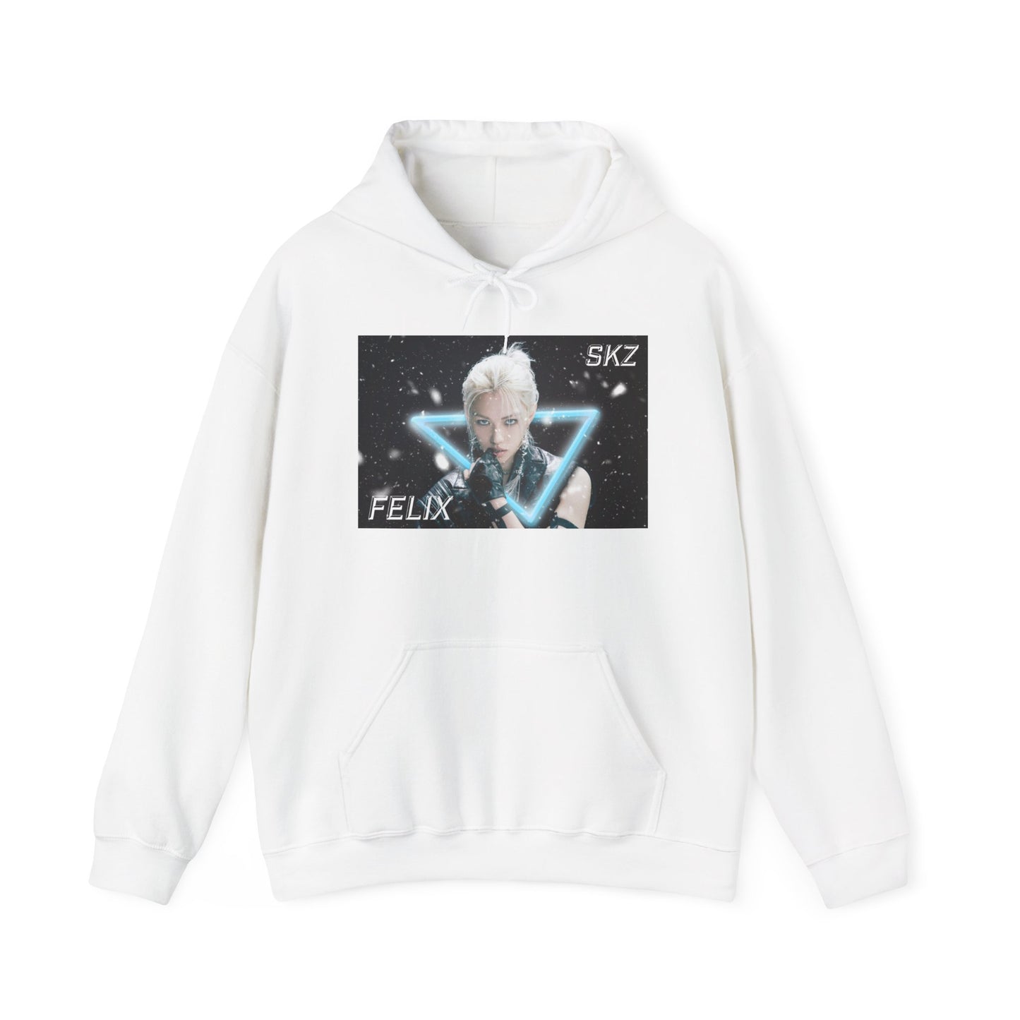 Draped Unisex cotton-poly blend hoodie in white, featuring a visual print of Felix from Stray Kids, framed by a glowing blue neon triangle amid falling snow on a dark background. From ModeK Vetements.