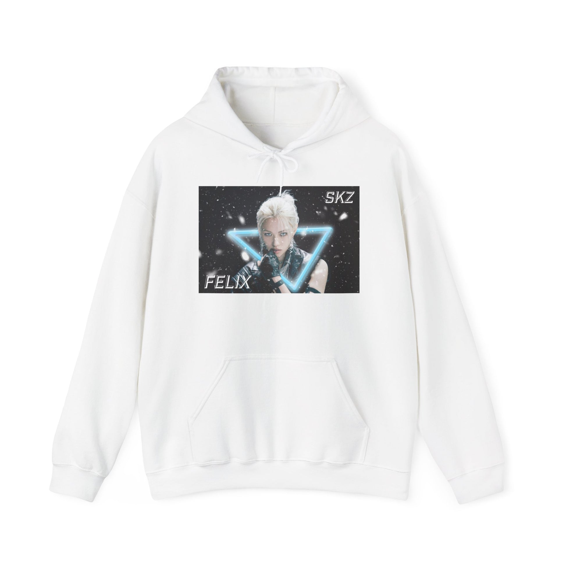 Draped Unisex cotton-poly blend hoodie in white, featuring a visual print of Felix from Stray Kids, framed by a glowing blue neon triangle amid falling snow on a dark background. From ModeK Vetements.