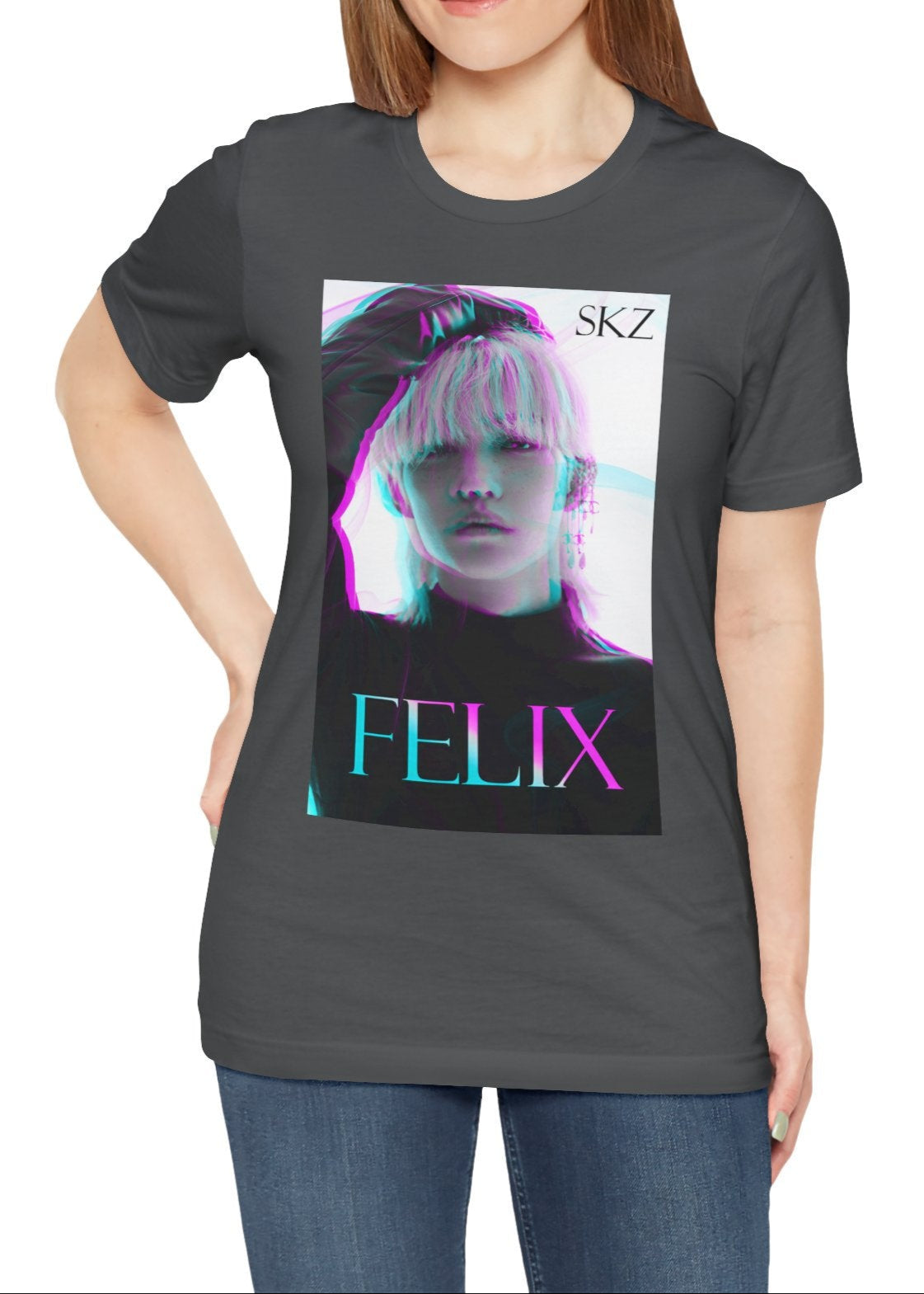 Unisex asphalt t-shirt featuring Felix Lee from Stray Kids with a striking 3D glitch effect in cyan and magenta, creating a futuristic, dreamlike aesthetic. From ModeK Vetements.