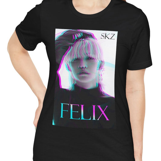 Unisex black t-shirt featuring Felix Lee from Stray Kids with a striking 3D glitch effect in cyan and magenta, creating a futuristic, dreamlike aesthetic. From ModeK Vetements.