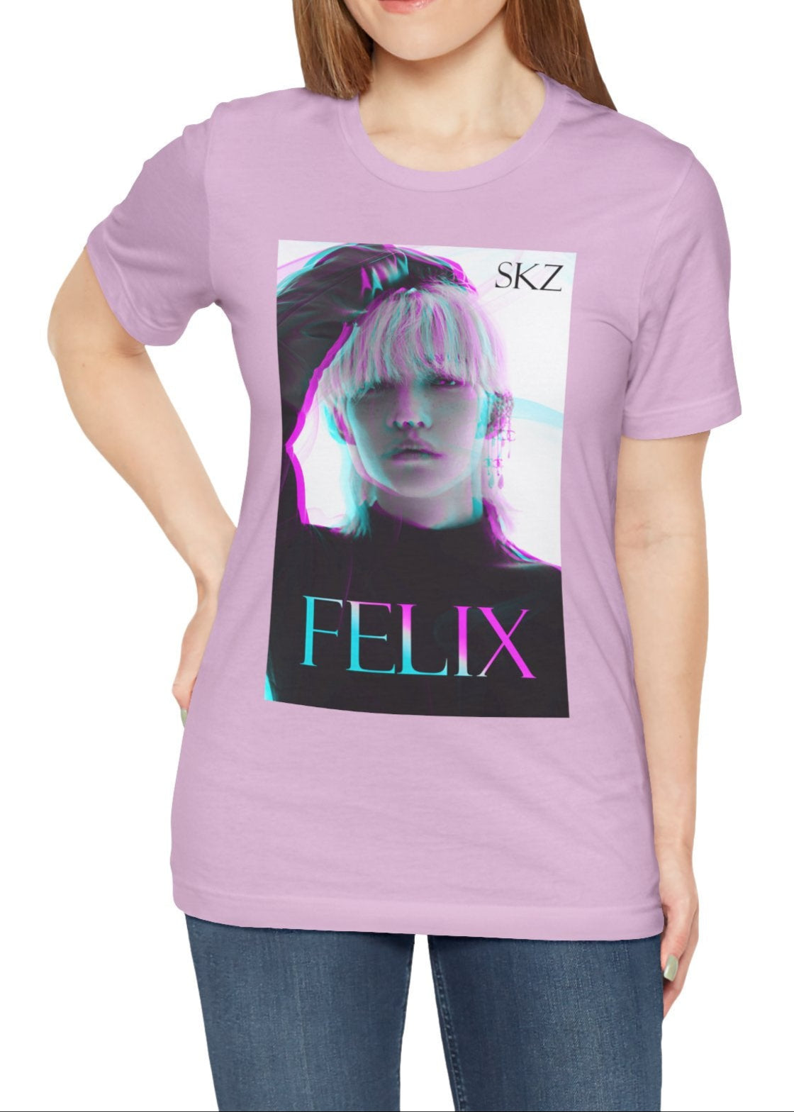 Unisex lilac t-shirt featuring Felix Lee from Stray Kids with a striking 3D glitch effect in cyan and magenta, creating a futuristic, dreamlike aesthetic. From ModeK Vetements.