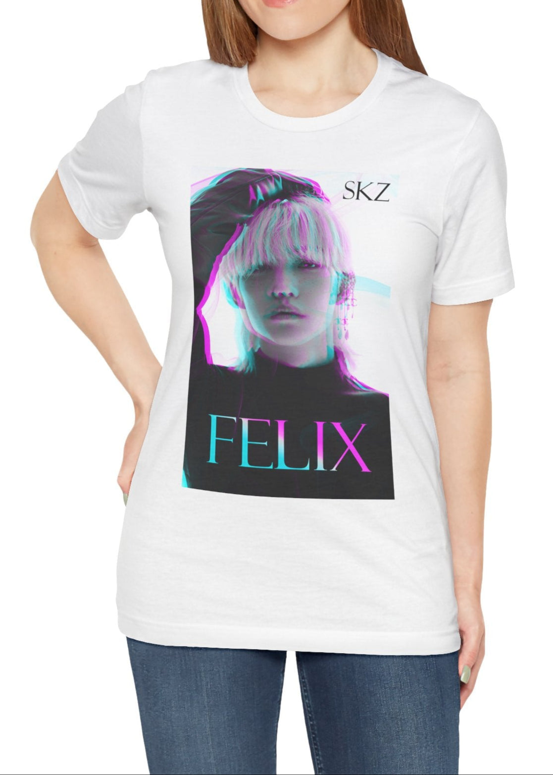 Unisex white t-shirt featuring Felix Lee from Stray Kids with a striking 3D glitch effect in cyan and magenta, creating a futuristic, dreamlike aesthetic. From ModeK Vetements.