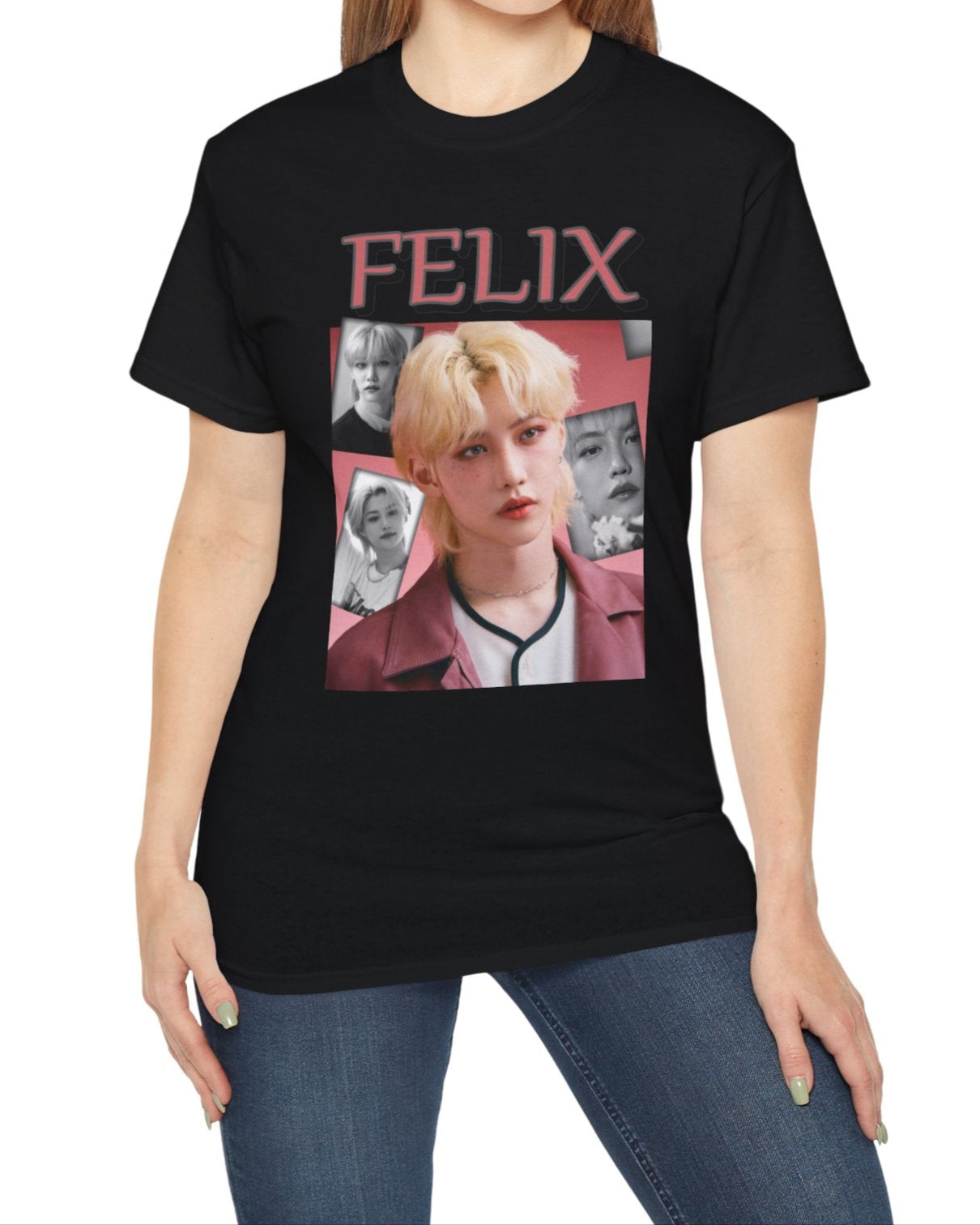 Felix Stray Kids unisex T-shirt in black, with a blush pink and black-and-white collage design. Made from ethically sourced US cotton with a classic tubular knit construction. ModeK Vetements.