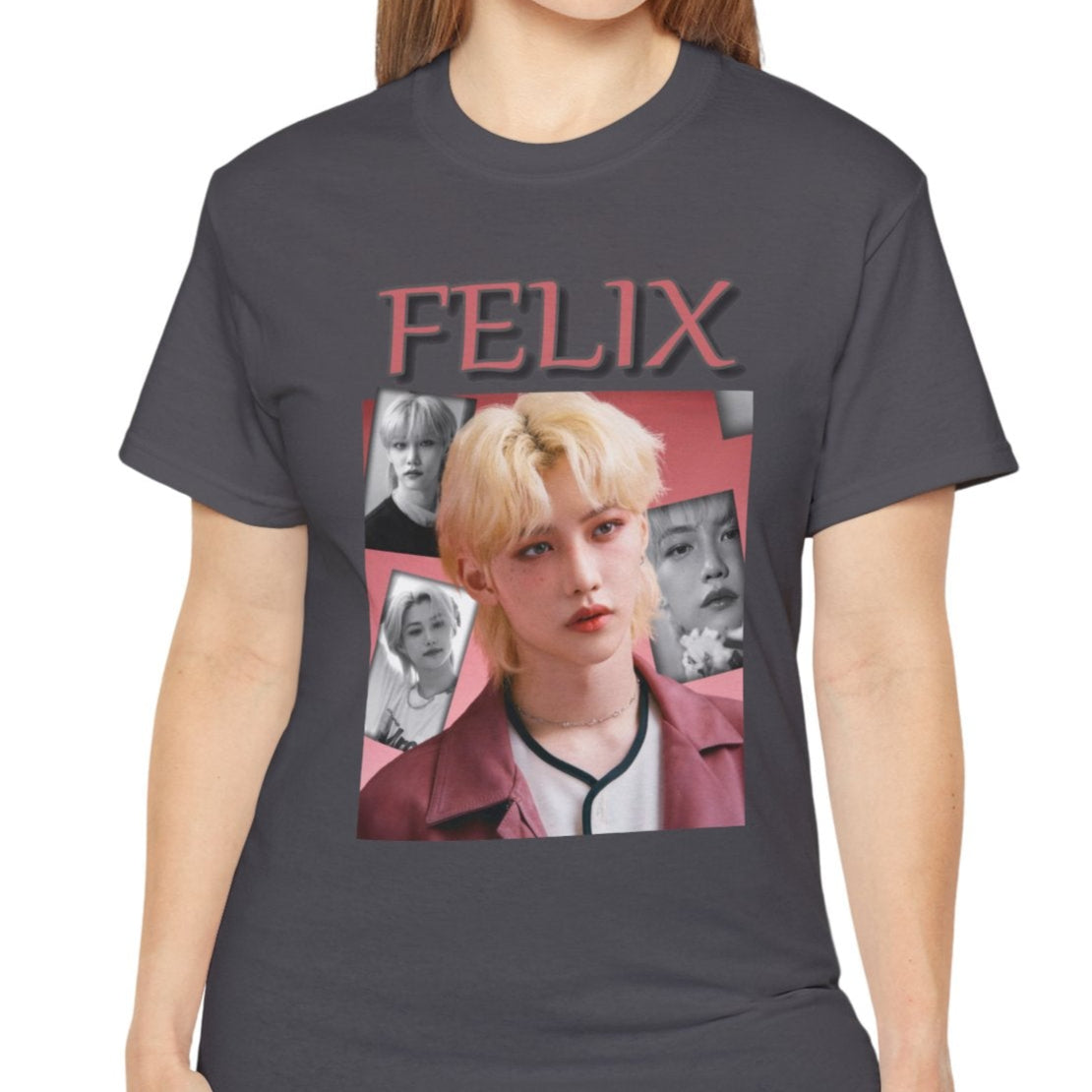Felix Stray Kids unisex T-shirt in charcoal, with a blush pink and black-and-white collage design. Made from ethically sourced US cotton with a classic tubular knit construction. ModeK Vetements.