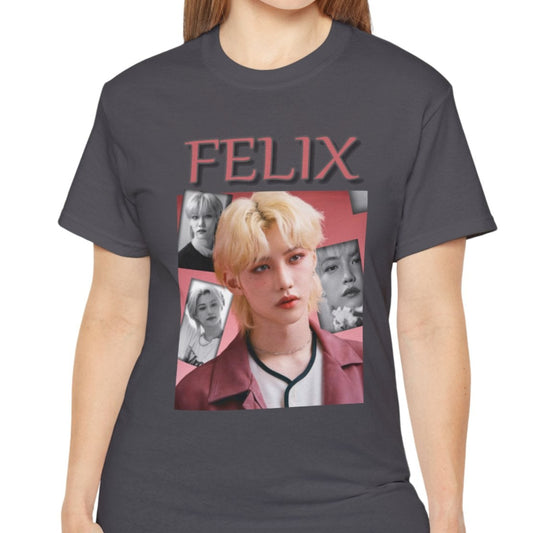 Felix Stray Kids unisex T-shirt in charcoal, with a blush pink and black-and-white collage design. Made from ethically sourced US cotton with a classic tubular knit construction. ModeK Vetements.