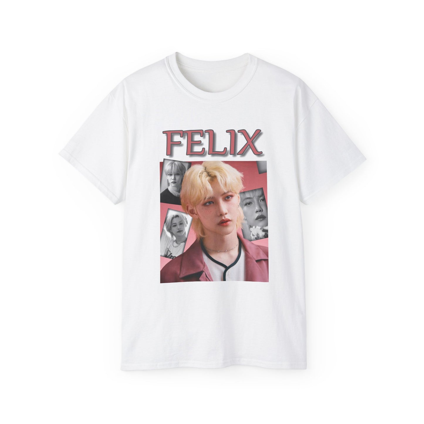 Flat Felix Stray Kids unisex T-shirt in white, with a blush pink and black-and-white collage design. Made from ethically sourced US cotton with a classic tubular knit construction. ModeK Vetements.