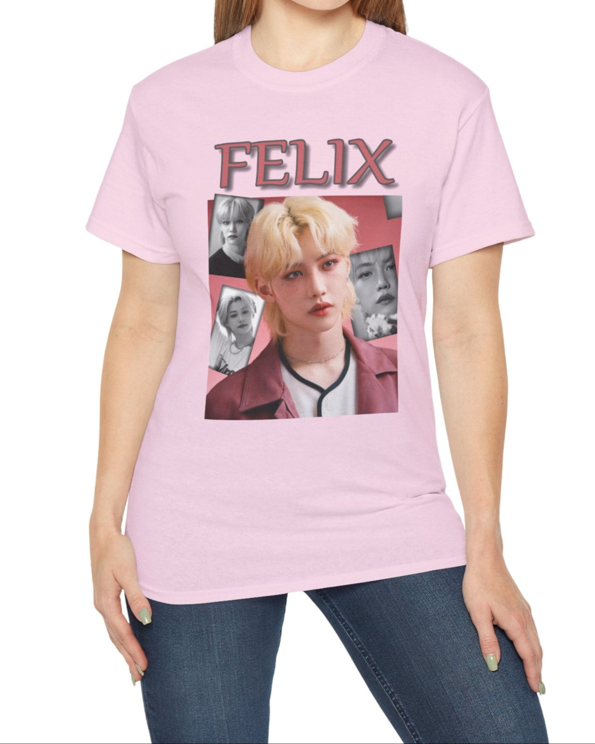 Felix Stray Kids unisex T-shirt in light pink, with a blush pink and black-and-white collage design. Made from ethically sourced US cotton with a classic tubular knit construction. ModeK Vetements.