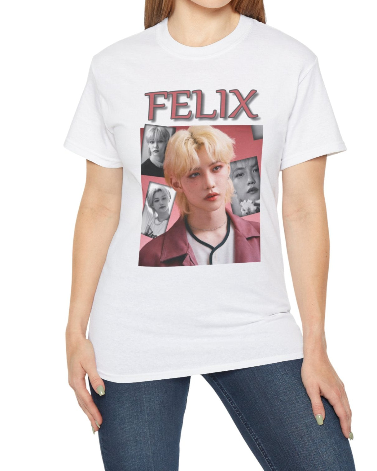 Felix Stray Kids unisex T-shirt in white, with a blush pink and black-and-white collage design. Made from ethically sourced US cotton with a classic tubular knit construction. ModeK Vetements.