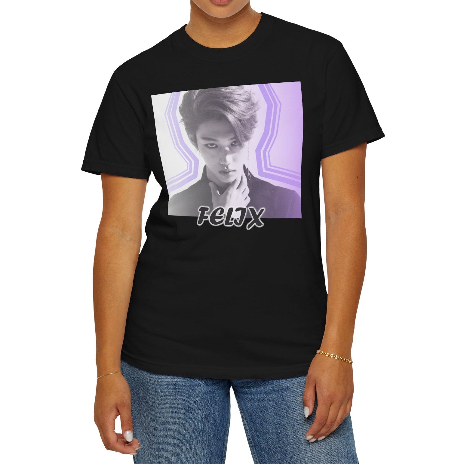 Unisex 100% ring-spun cotton T-Shirt in black, featuring a black and white portrait of Stray Kids' Felix centered within purple geometric wave lines, with "FELIX" written in bold text at the bottom. From ModeK Vetements.