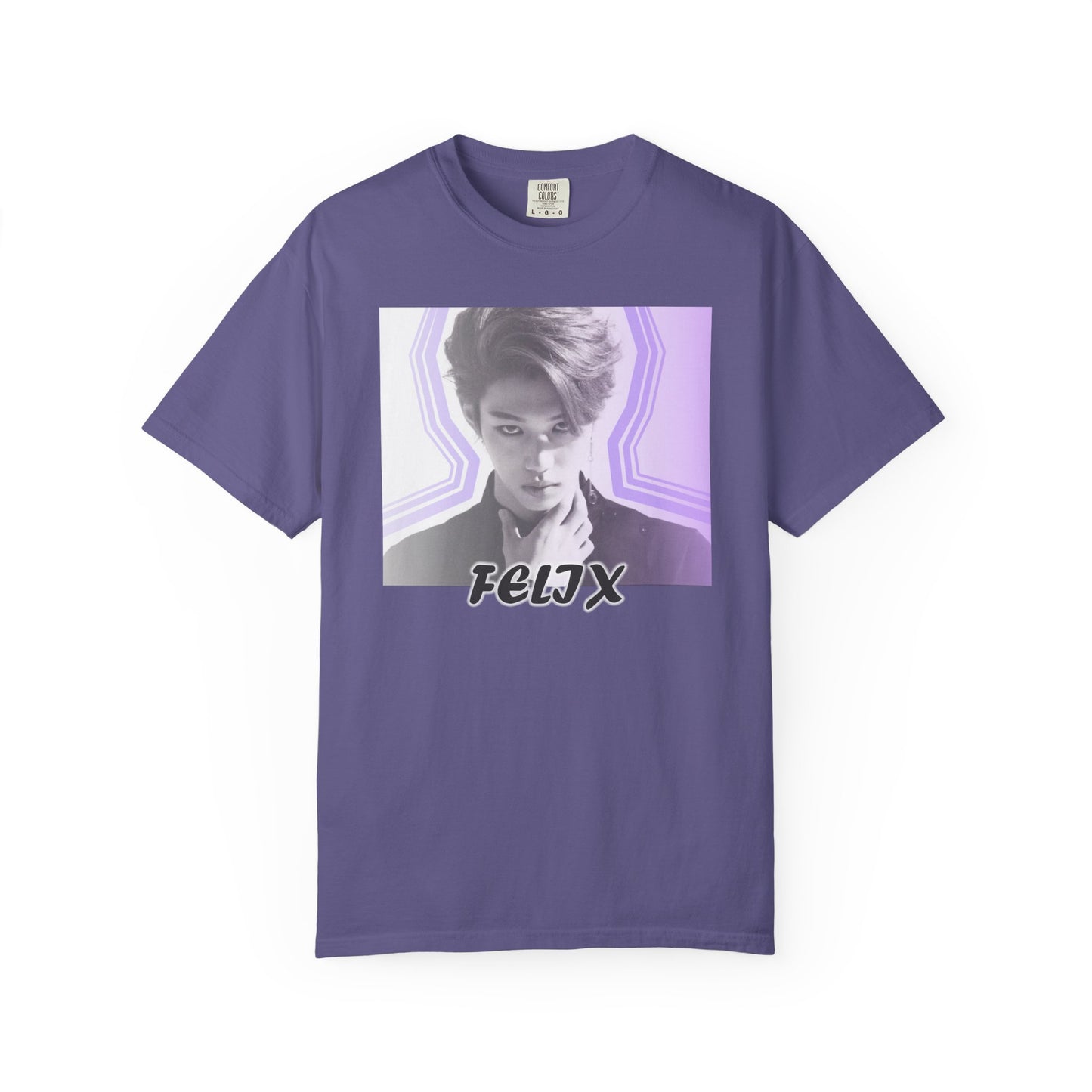 Draped Unisex 100% ring-spun cotton T-Shirt in grape, featuring a black and white portrait of Stray Kids' Felix centered within purple geometric wave lines, with "FELIX" written in bold text at the bottom. From ModeK Vetements.