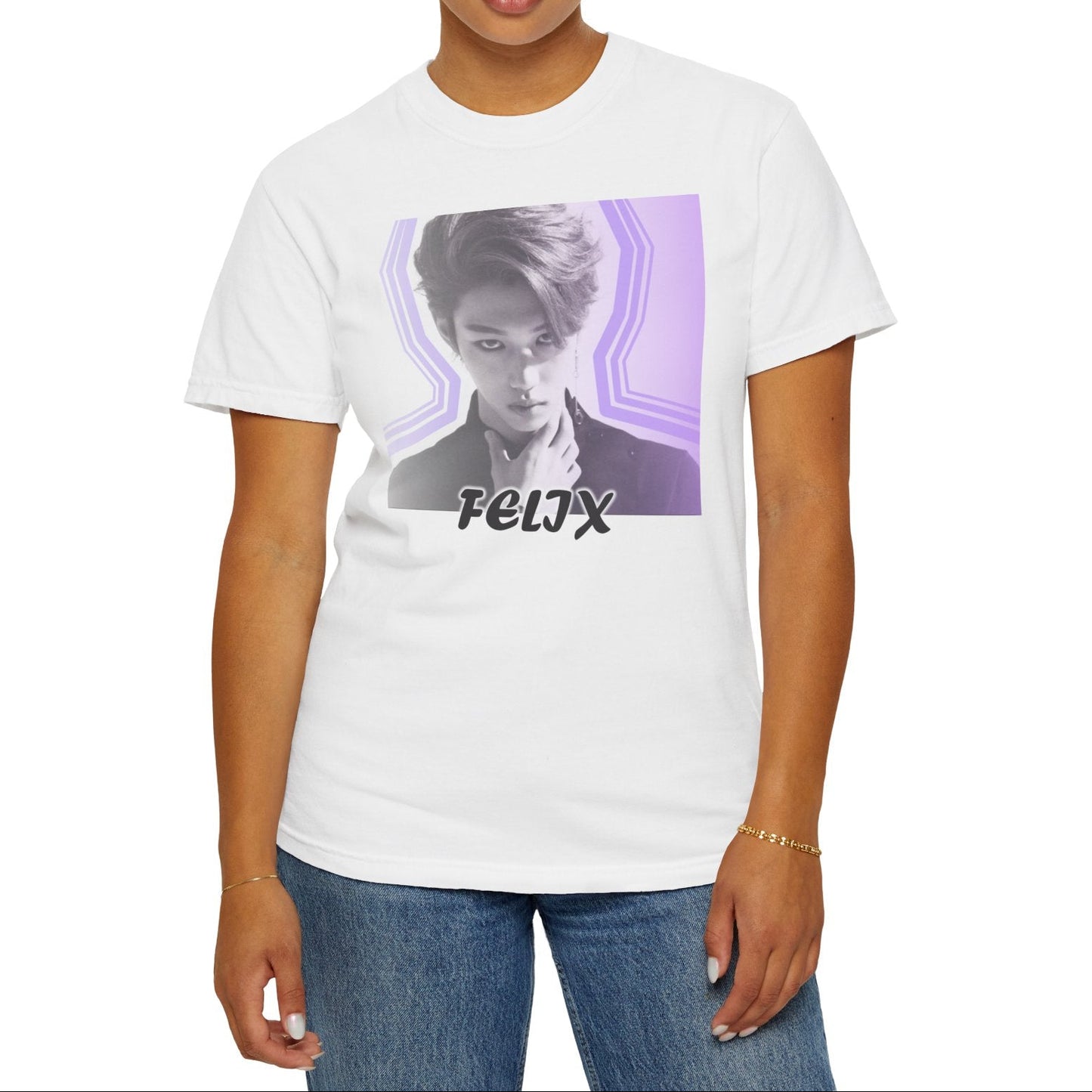 Unisex 100% ring-spun cotton T-Shirt in white, featuring a black and white portrait of Stray Kids' Felix centered within purple geometric wave lines, with "FELIX" written in bold text at the bottom. From ModeK Vetements.