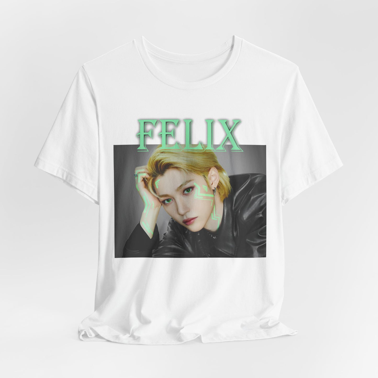 Draped Felix Stray Kids Unisex T-Shirt in white, with neon green accents. K-pop fashion featuring Felix’s intense gaze, futuristic cyber aesthetics, and edgy streetwear vibes. ModeK Vetements.