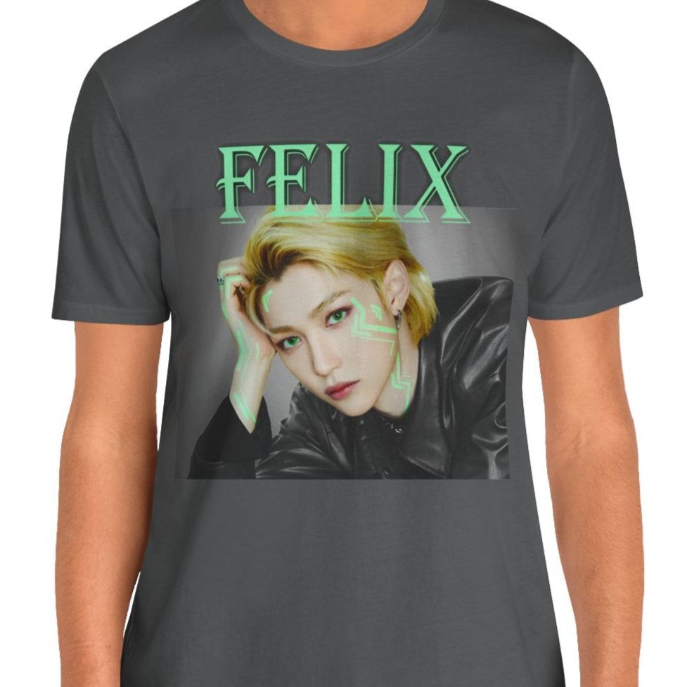 Felix Stray Kids Unisex T-Shirt in asphalt, with neon green accents. K-pop fashion featuring Felix’s intense gaze, futuristic cyber aesthetics, and edgy streetwear vibes. ModeK Vetements.