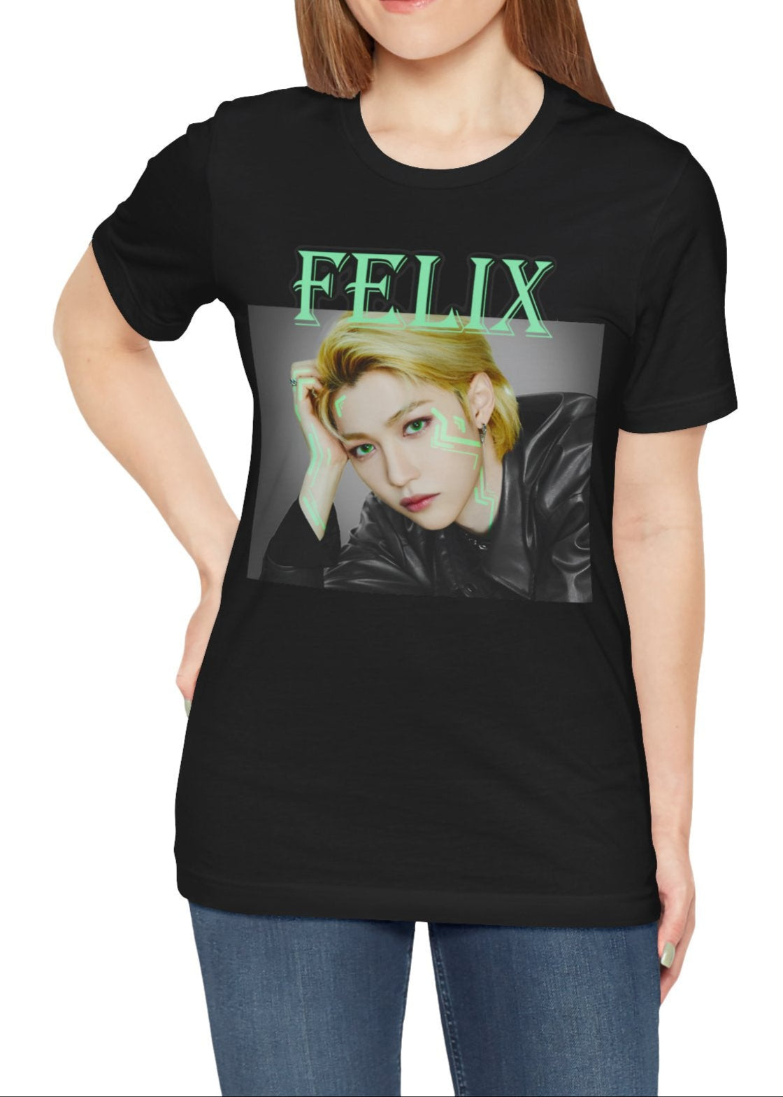 Felix Stray Kids Unisex T-Shirt in black, with neon green accents. K-pop fashion featuring Felix’s intense gaze, futuristic cyber aesthetics, and edgy streetwear vibes. ModeK Vetements.