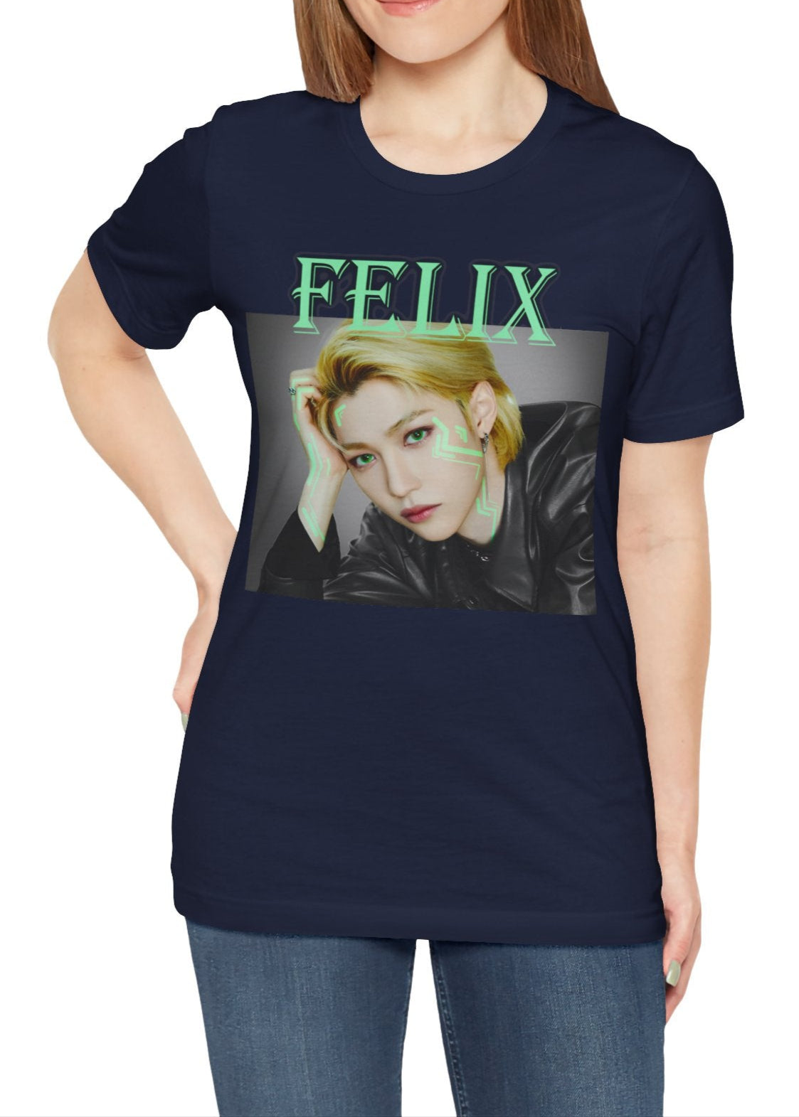 Felix Stray Kids Unisex T-Shirt in navy, with neon green accents. K-pop fashion featuring Felix’s intense gaze, futuristic cyber aesthetics, and edgy streetwear vibes. ModeK Vetements.