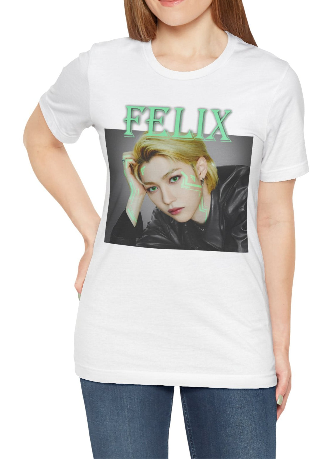 Felix Stray Kids Unisex T-Shirt in white, with neon green accents. K-pop fashion featuring Felix’s intense gaze, futuristic cyber aesthetics, and edgy streetwear vibes. ModeK Vetements.