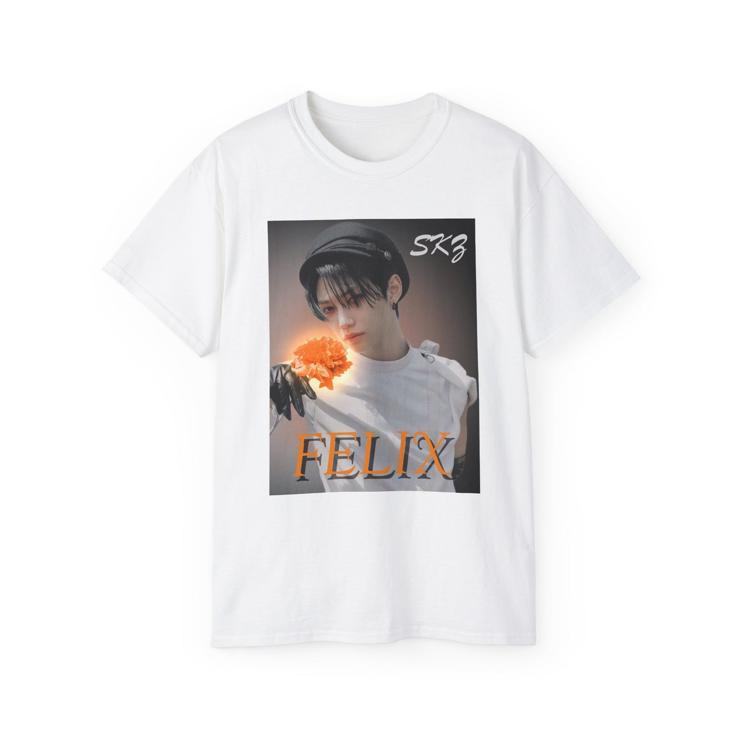 Flat Felix Stray Kids unisex T-shirt in white, inspired by the 143 MV. Features Felix in white costume with glowing orange flower, contrasted against a dark, cinematic background. ModeK Vetements.