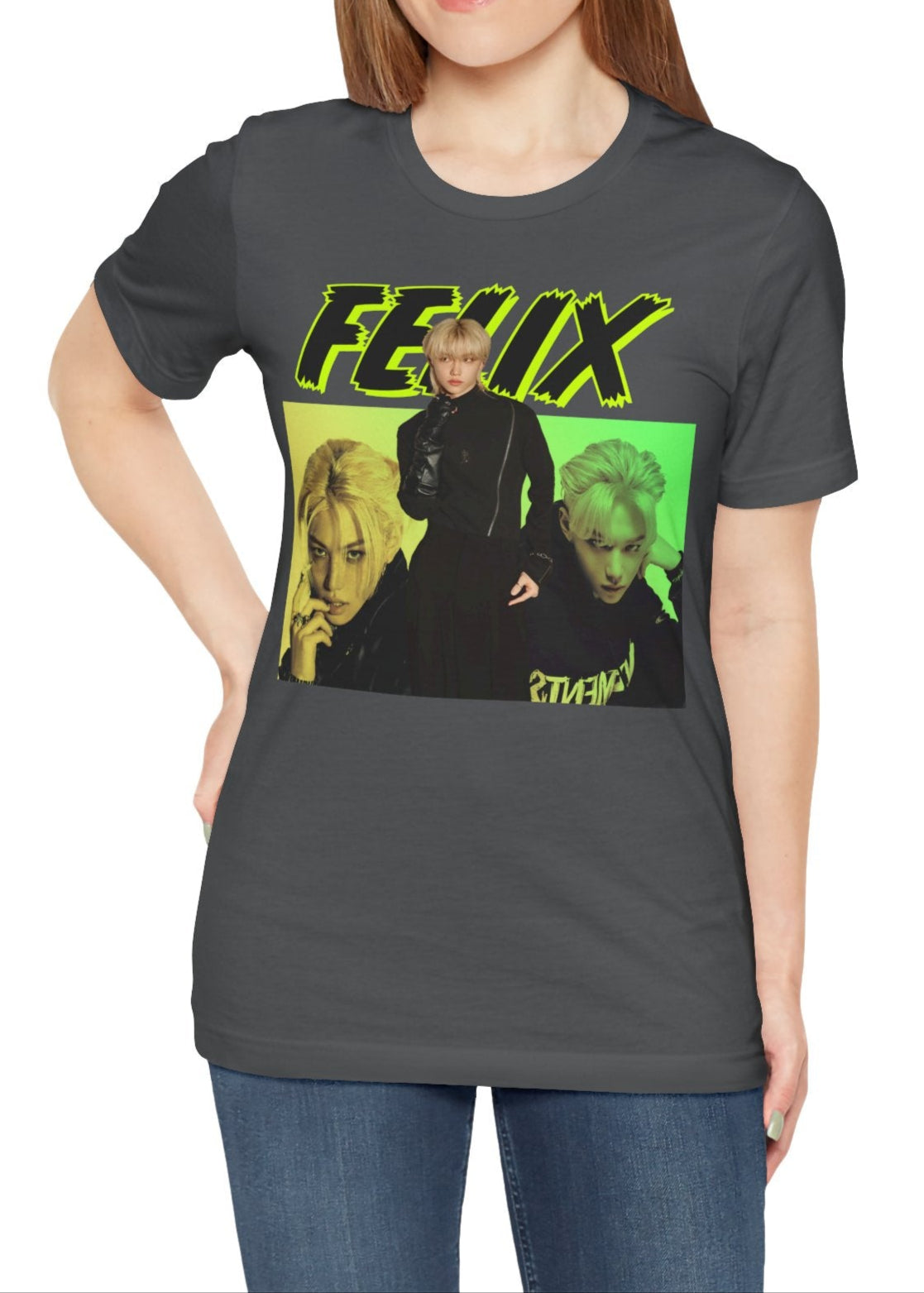 Felix Stray Kids Unisex T-Shirt in asphalt, featuring a neon green rebellious design with bold typography. Showcasing Felix’s intense duality—commanding yet enigmatic. Modek Vetements.