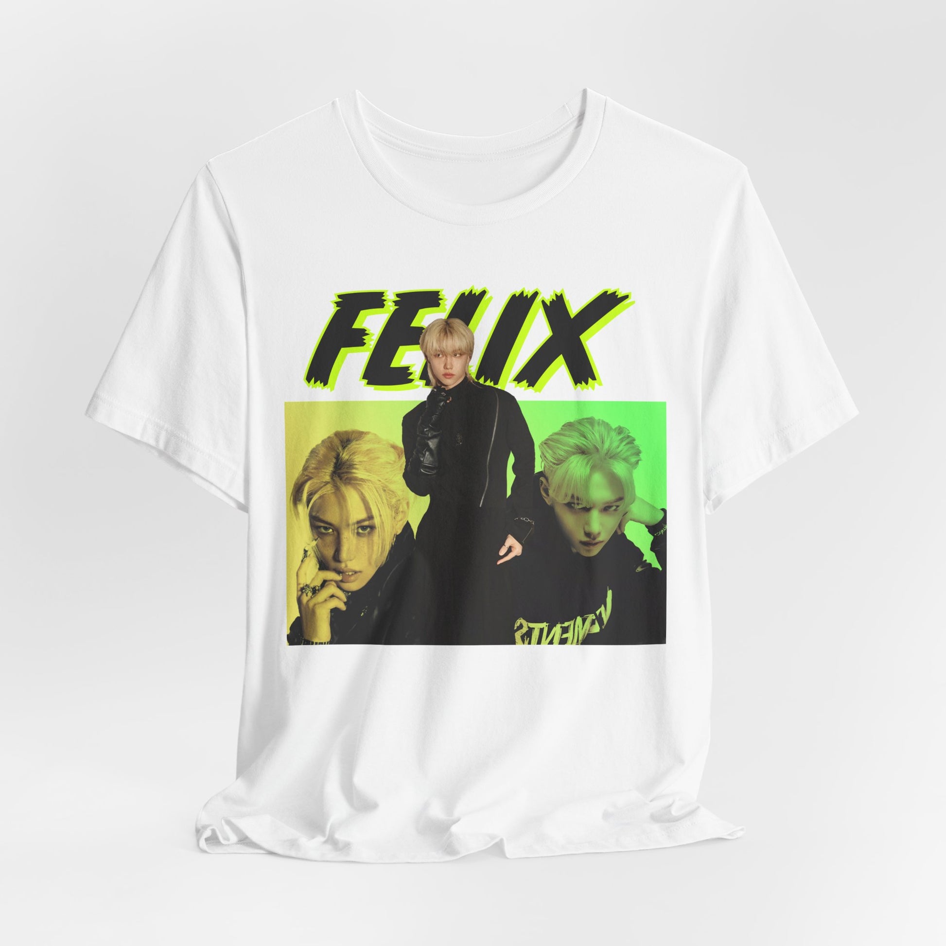 Draped Felix Stray Kids Unisex T-Shirt in white, featuring a neon green rebellious design with bold typography. Showcasing Felix’s intense duality—commanding yet enigmatic. Modek Vetements.