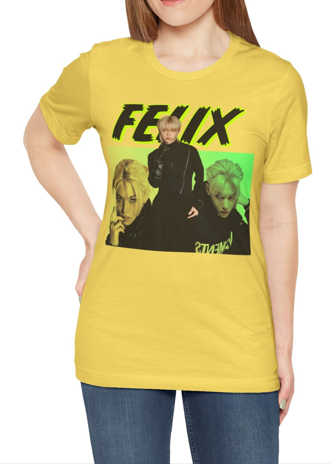 Felix Stray Kids Unisex T-Shirt in maize yellow, featuring a neon green rebellious design with bold typography. Showcasing Felix’s intense duality—commanding yet enigmatic. Modek Vetements.