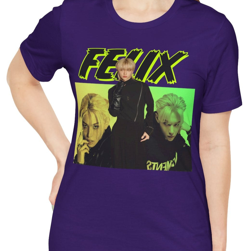 Felix Stray Kids Unisex T-Shirt in team purple, featuring a neon green rebellious design with bold typography. Showcasing Felix’s intense duality—commanding yet enigmatic. Modek Vetements.