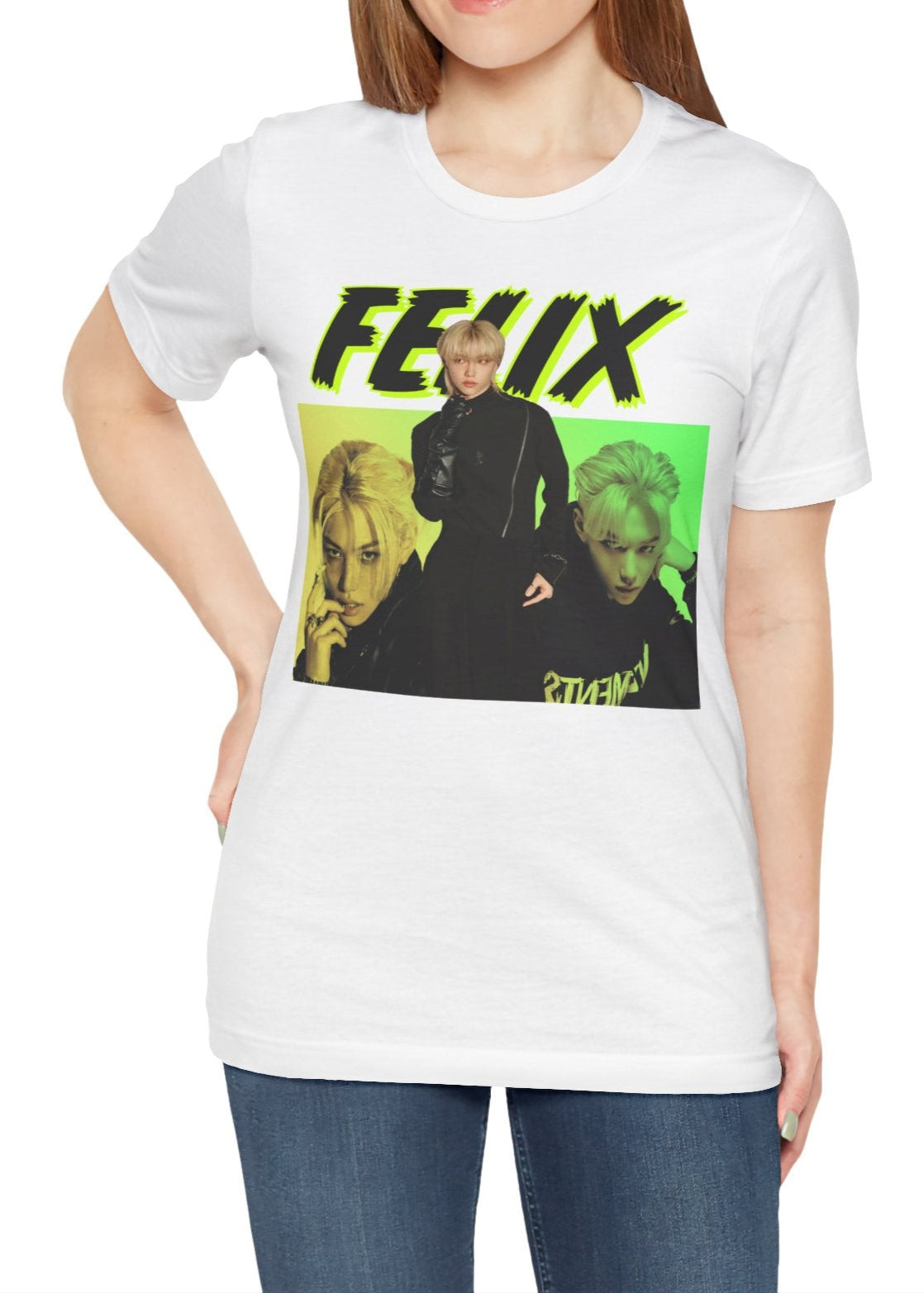 Felix Stray Kids Unisex T-Shirt in white, featuring a neon green rebellious design with bold typography. Showcasing Felix’s intense duality—commanding yet enigmatic. Modek Vetements.