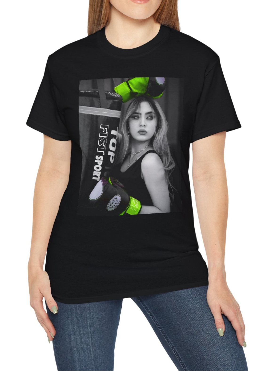 Unisex t-shirt in black, featuring a monochrome design of a woman with neon green boxing gloves. The bold contrast emphasizes her delicate features, blending strength and femininity. ModeK Vetements.