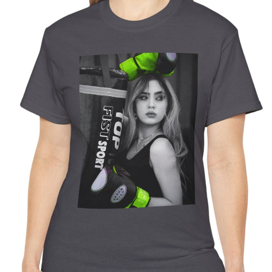Unisex t-shirt in charcoal, featuring a monochrome design of a woman with neon green boxing gloves. The bold contrast emphasizes her delicate features, blending strength and femininity. ModeK Vetements.