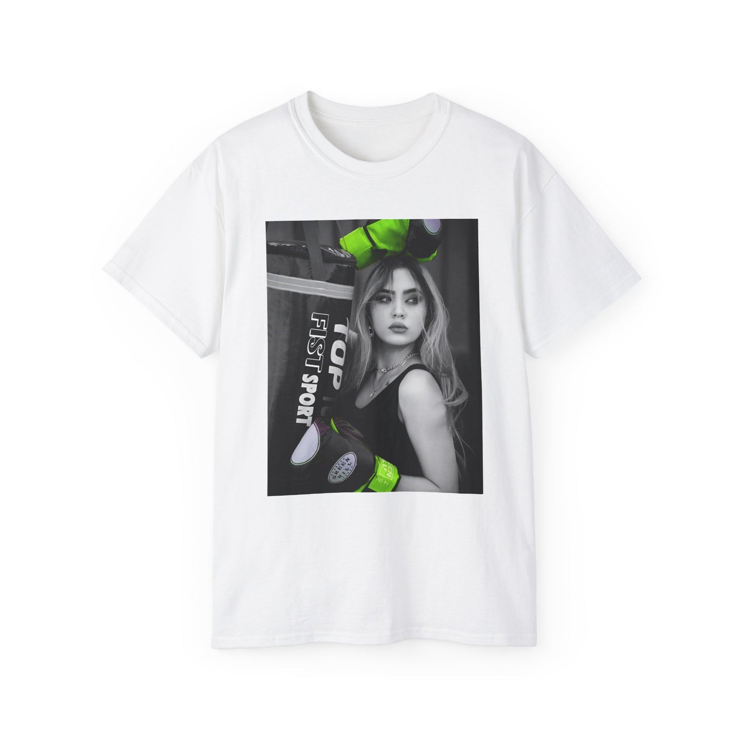 Flat Unisex t-shirt in white, featuring a monochrome design of a woman with neon green boxing gloves. The bold contrast emphasizes her delicate features, blending strength and femininity. ModeK Vetements.