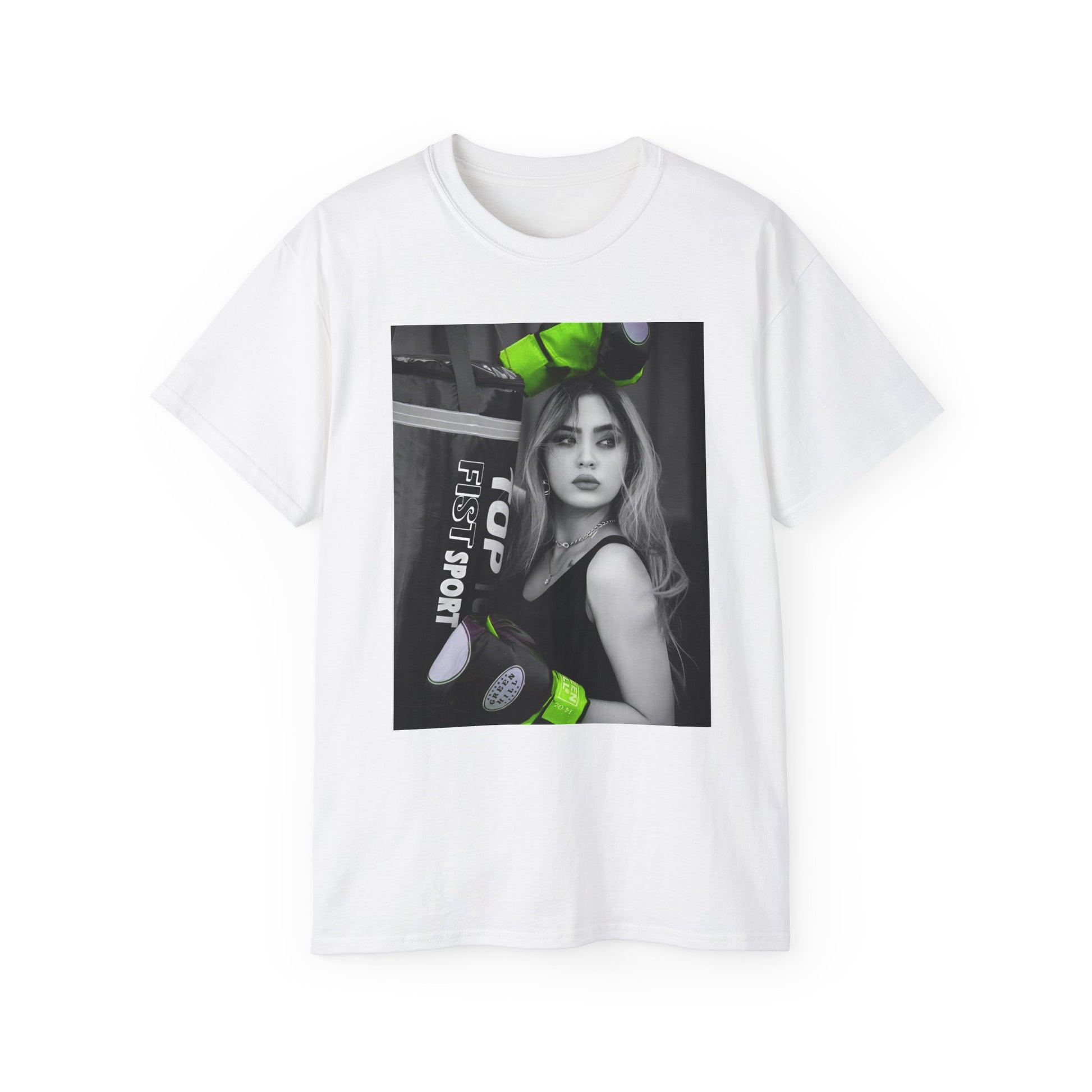 Flat Unisex t-shirt in white, featuring a monochrome design of a woman with neon green boxing gloves. The bold contrast emphasizes her delicate features, blending strength and femininity. ModeK Vetements.