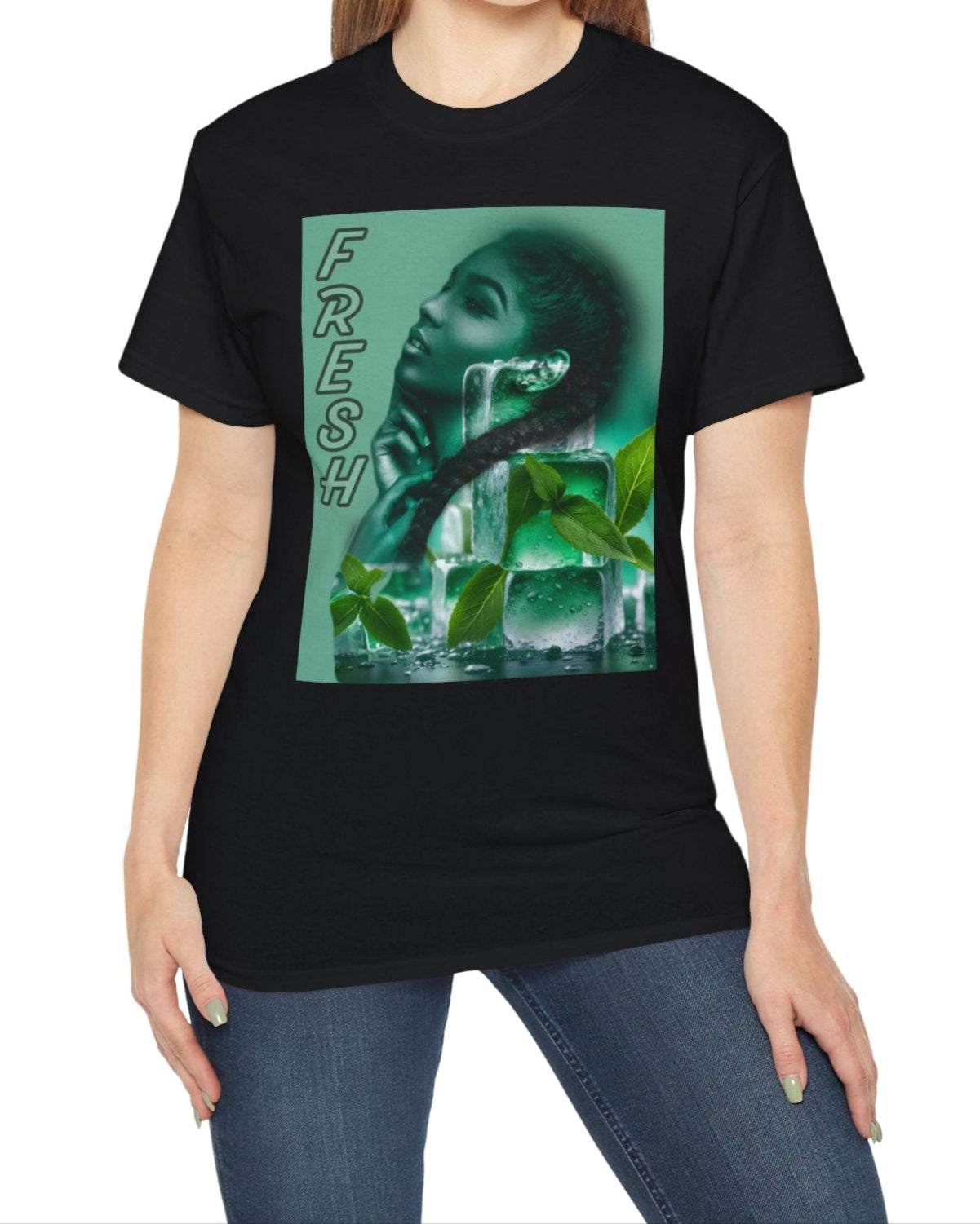 Unisex cotton t-shirt in black, featuring a layered image of a woman behind translucent ice cubes with mint leaves. Her braid crosses in front of the cubes. Vertical “FRESH” lettering is outlined but empty, adding a floating, airy effect. Turquoise background. Printed on 100% US cotton, ethically made and Oeko-Tex certified. ModeK Vetements.