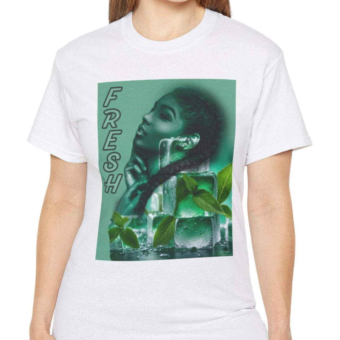 Unisex cotton t-shirt in white, featuring a layered image of a woman behind translucent ice cubes with mint leaves. Her braid crosses in front of the cubes. Vertical “FRESH” lettering is outlined but empty, adding a floating, airy effect. Turquoise background. Printed on 100% US cotton, ethically made and Oeko-Tex certified. ModeK Vetements.